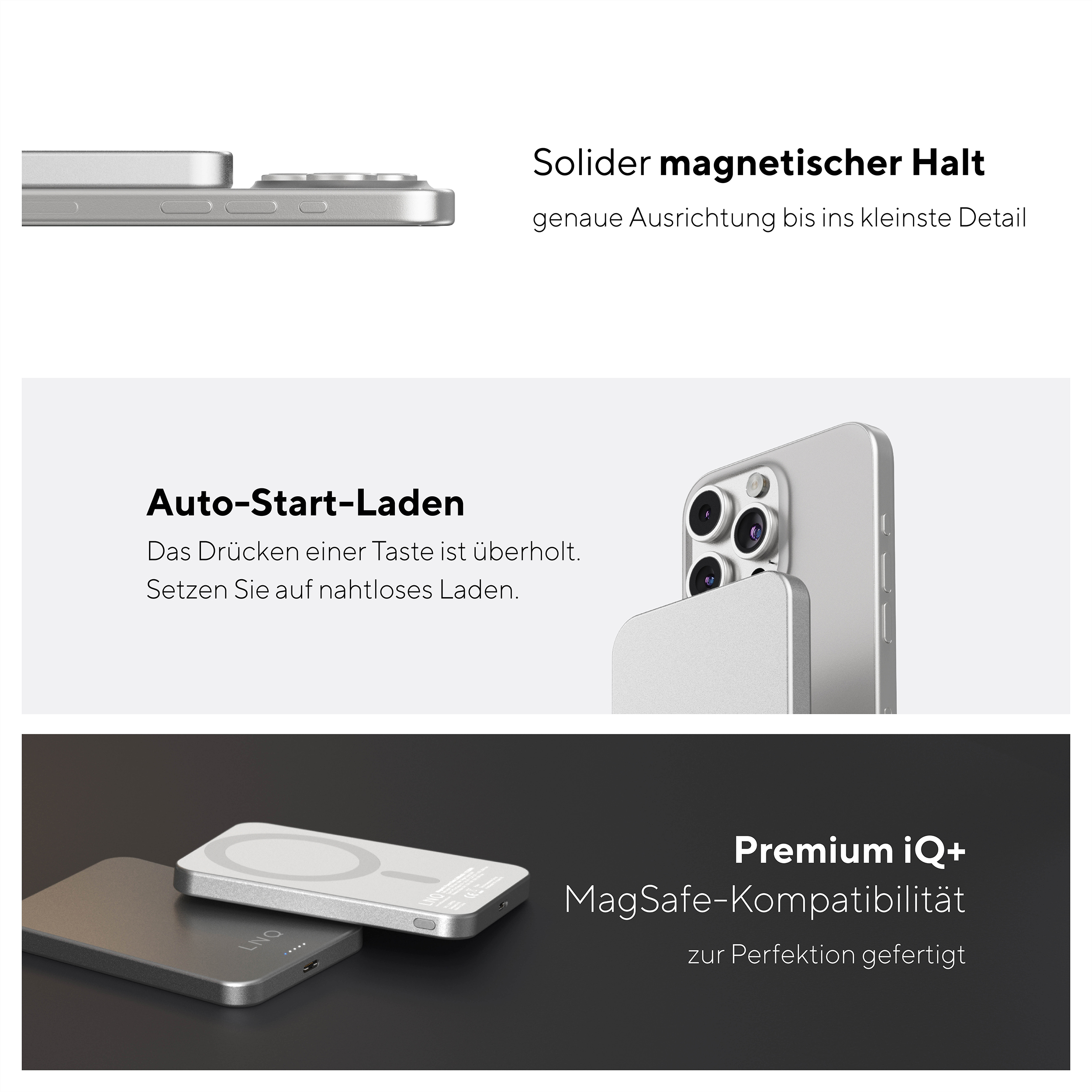 Bilder, die eine Ladestation zeigen. Ein Telefon ist auf ein Ladegerät mit silbernem Gehäuse gelegt.