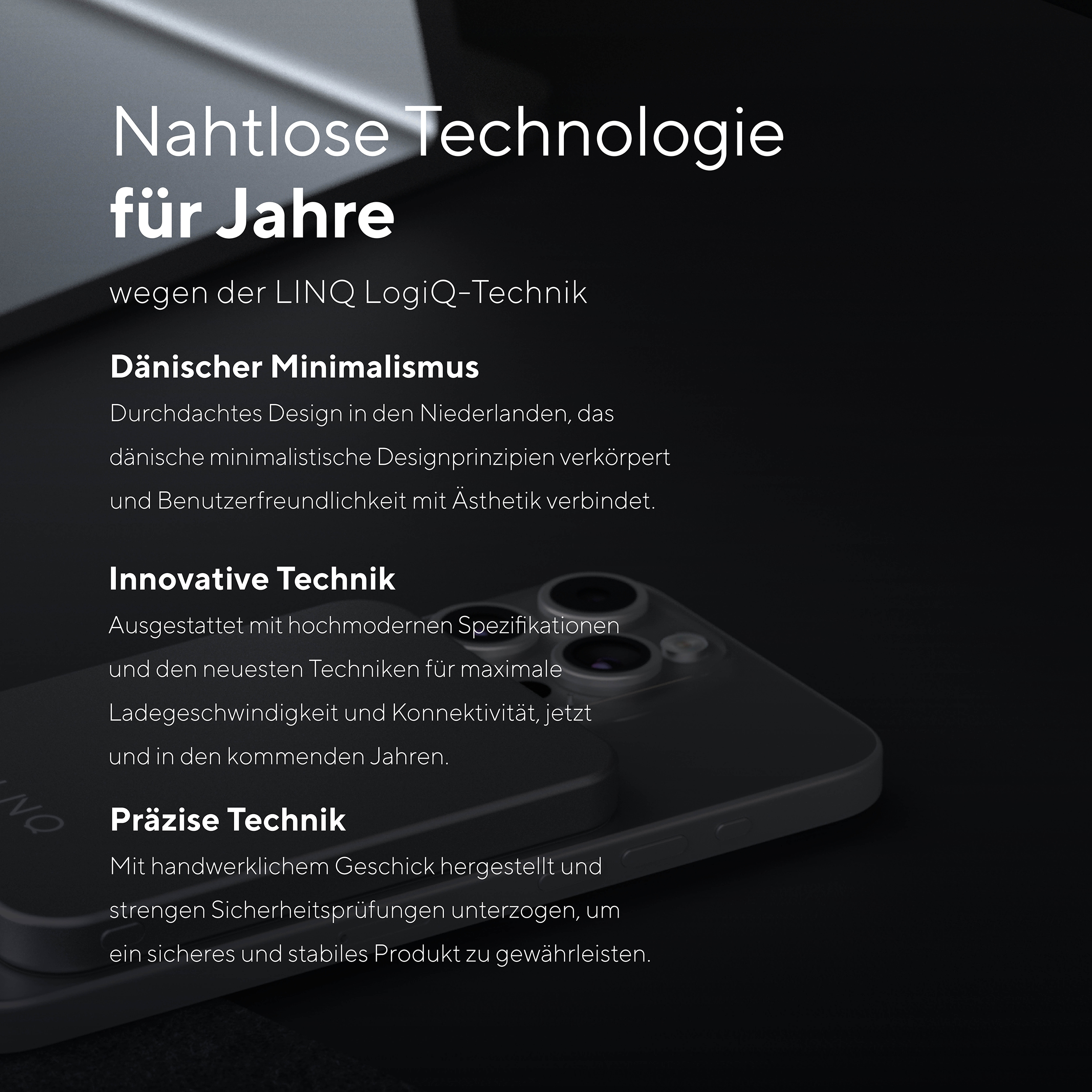 Ein Telefon liegt auf einem kabellosen Ladegerät mit Text in deutscher Sprache.