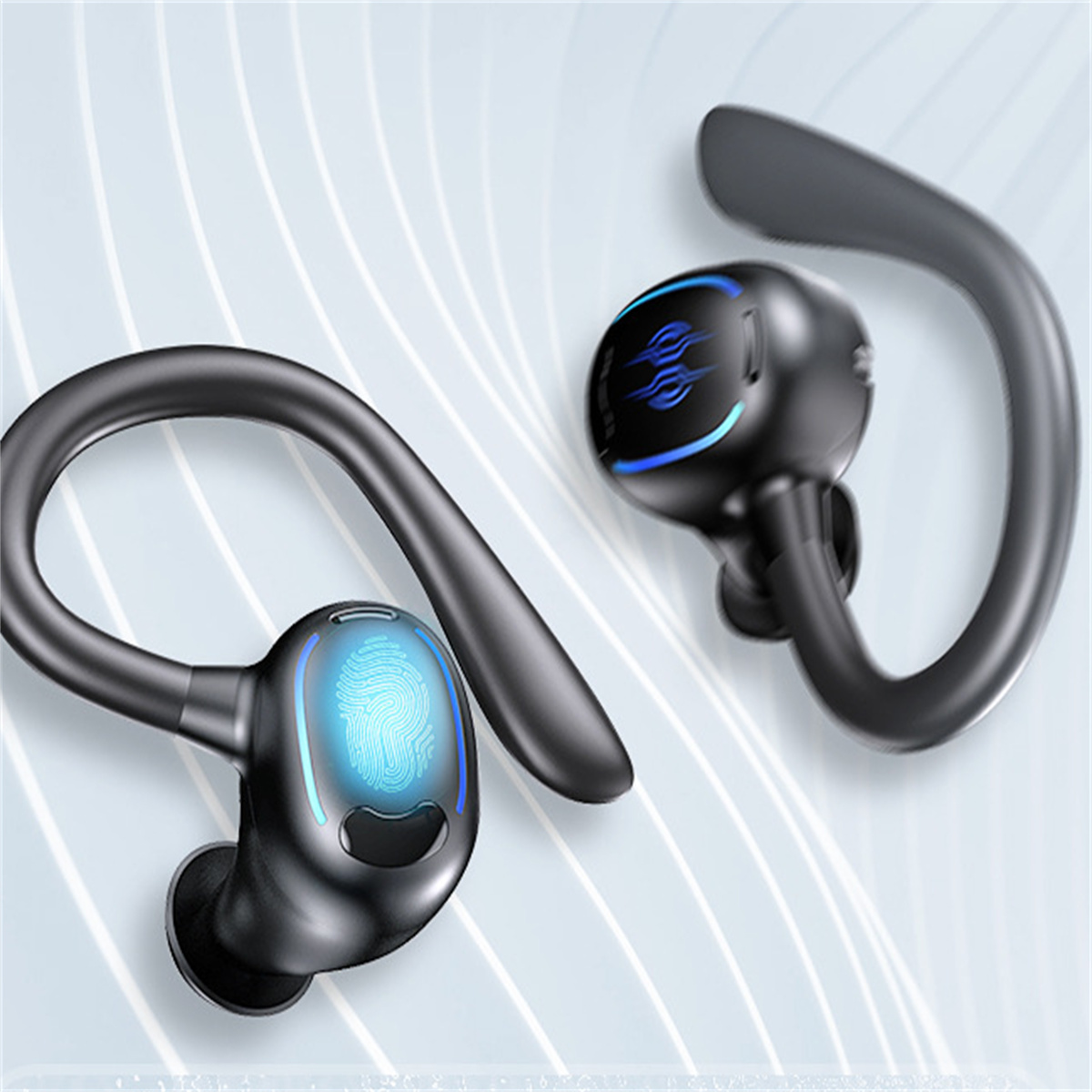 Schwarze kabellose Sport-Ohrhörer mit Fingerabdrucksymbol und blauem Licht. Sie sind im Studio.