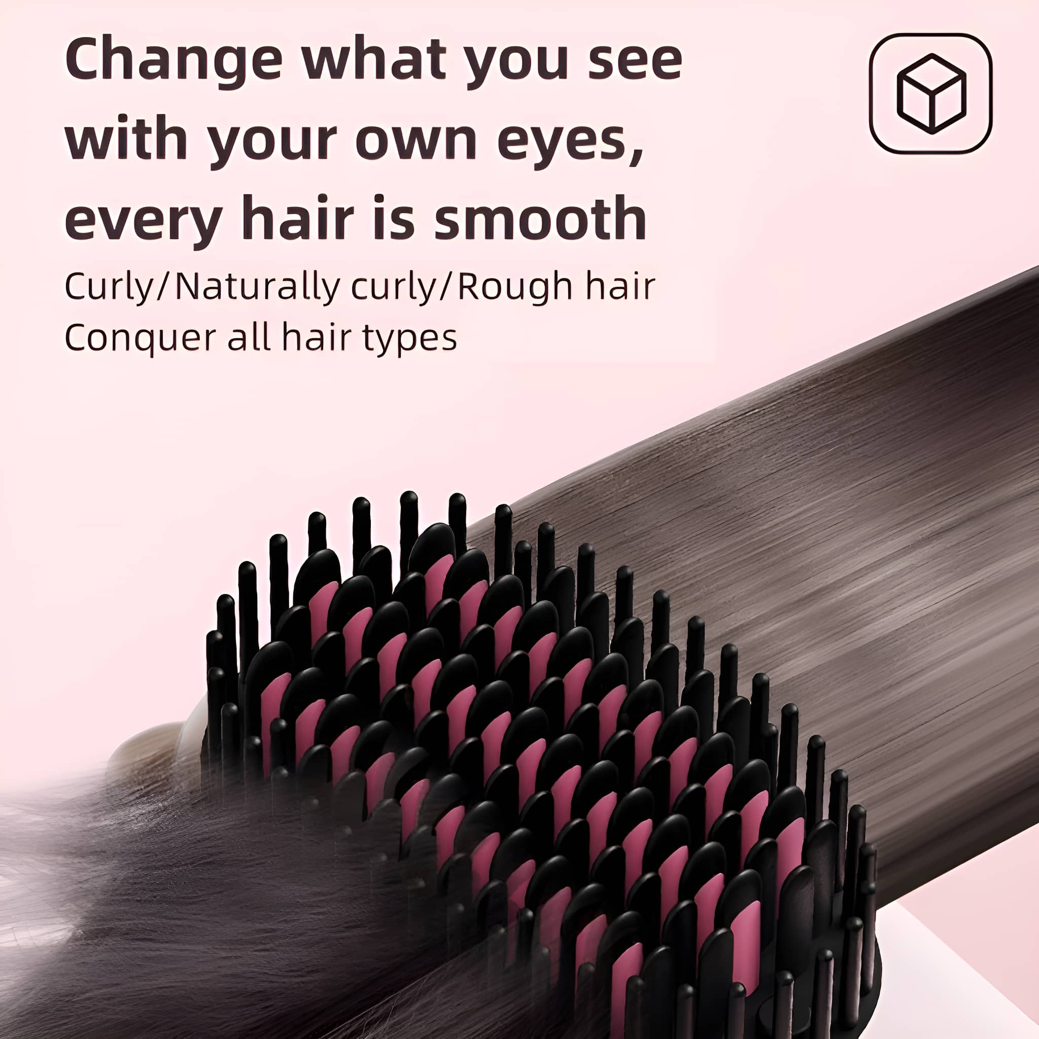 Ein Haarstyling-Tool mit Text über Haartypen und die Funktionen des Tools.
