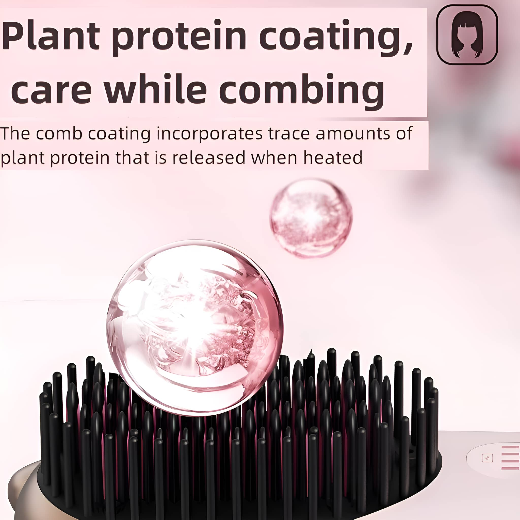 Haarbürste mit schwarzen Borsten und rosa Kugeln. Text über Pflanzenproteinbeschichtung und Pflege.