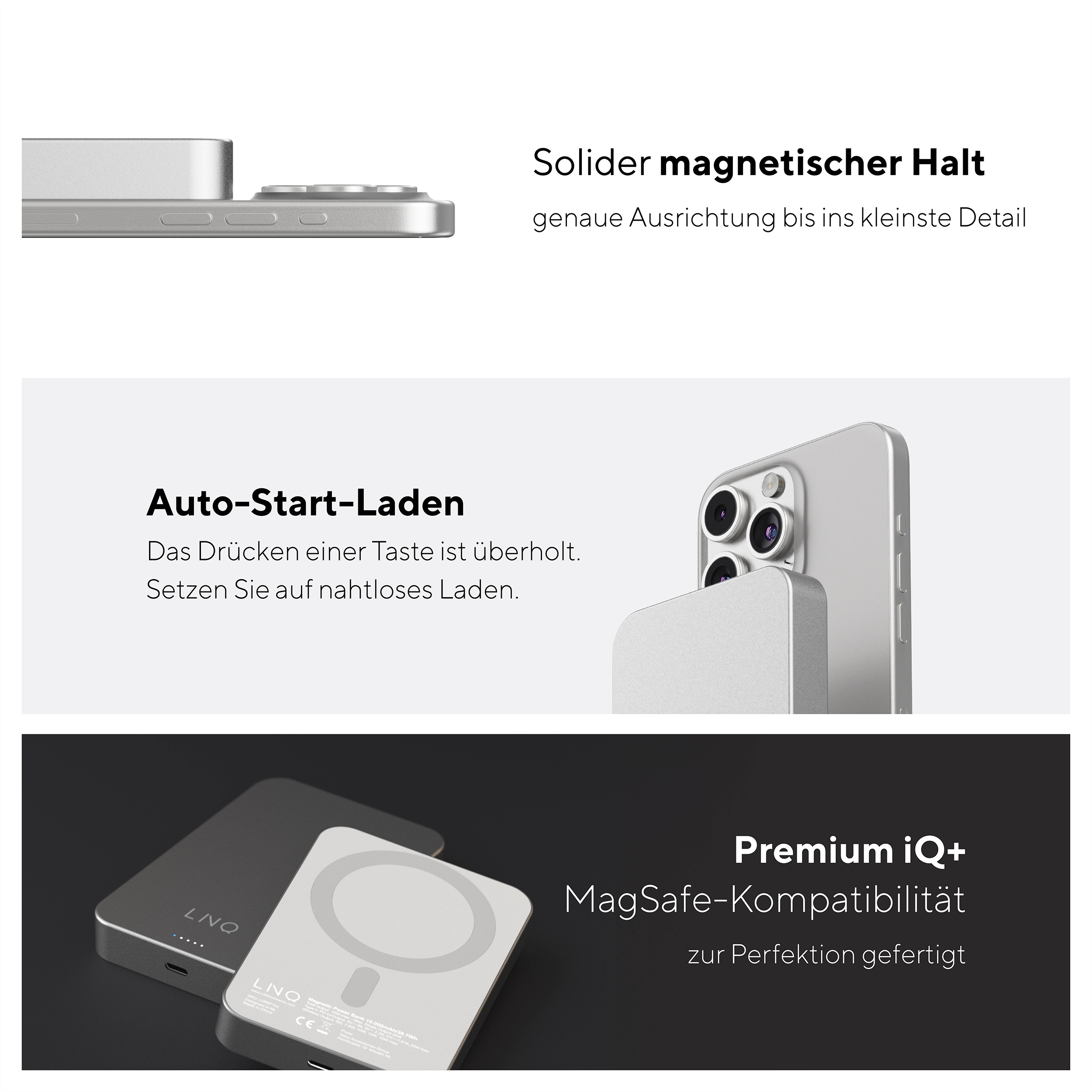 Produktbilder mit Text über magnetische Ladefunktionen.