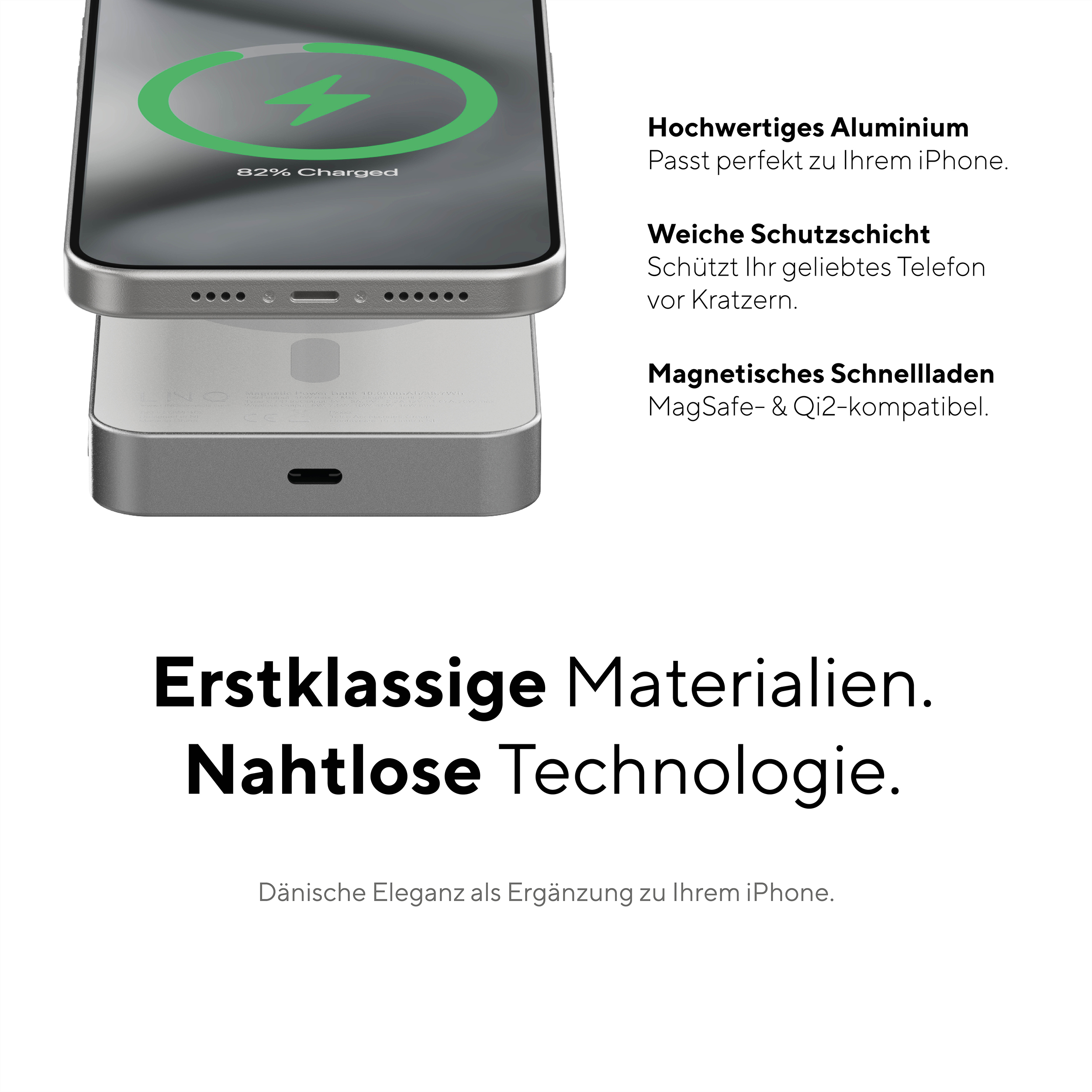Ein silbernes kabelloses Ladegerät mit einem Telefon obenauf, mit Text über Materialien und Aufladen.