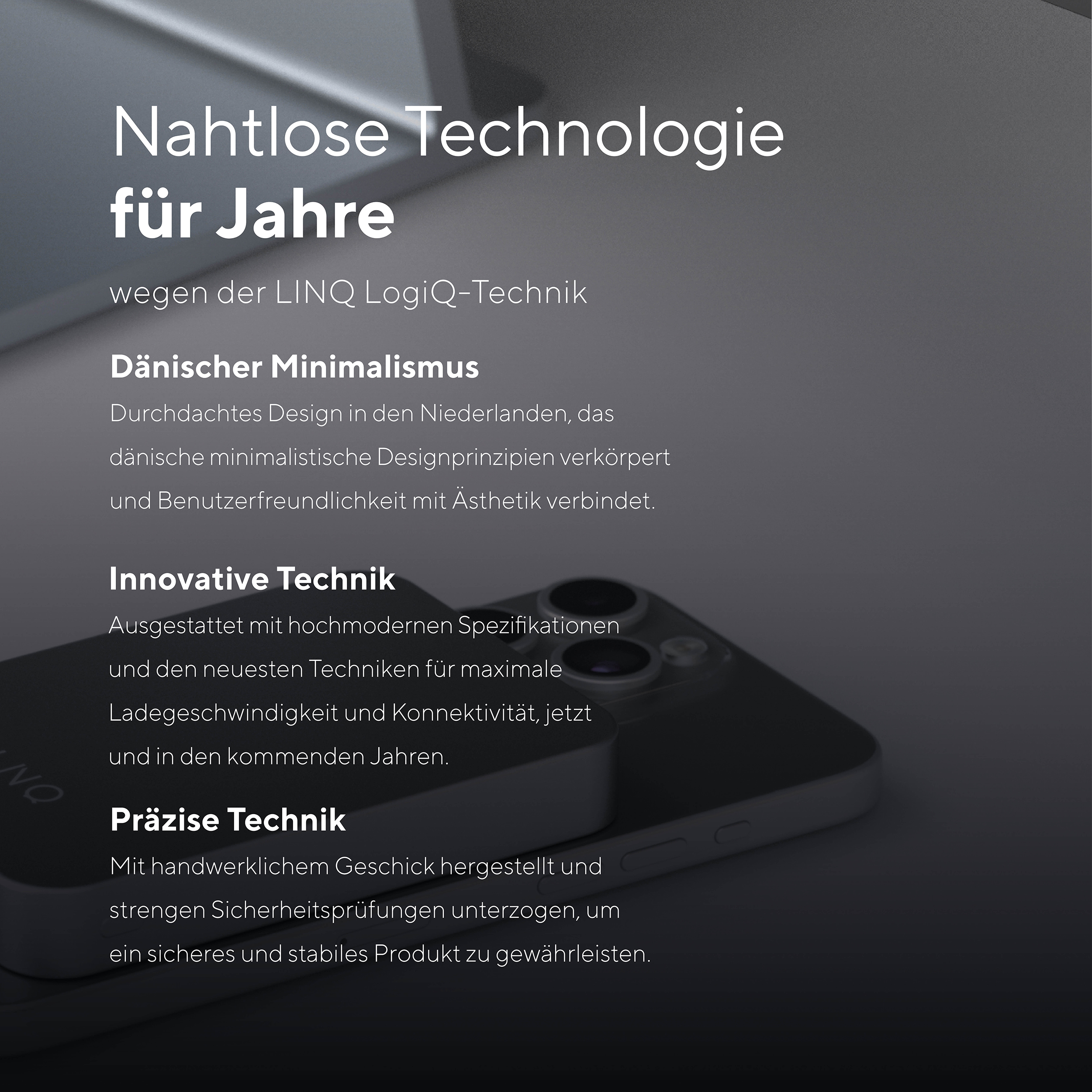Nahaufnahme eines Telefons auf einem Schreibtisch mit deutschem Text. Der Text beschreibt die Funktionen und das Design des Telefons.