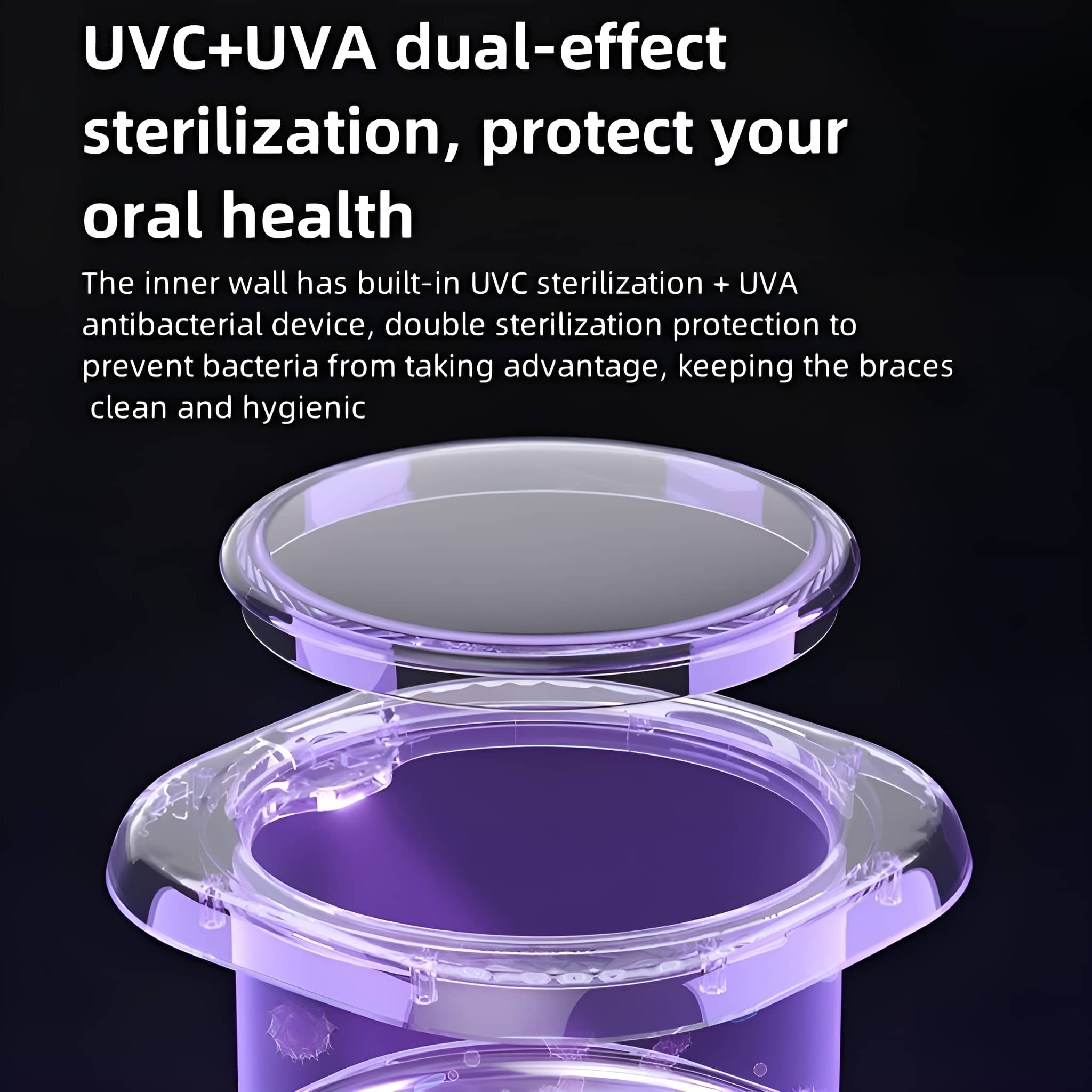 Ein klarer Behälter mit Deckel, beleuchtet von violettem Licht. Text wirbt für UVC-Sterilisation für die Mundgesundheit.