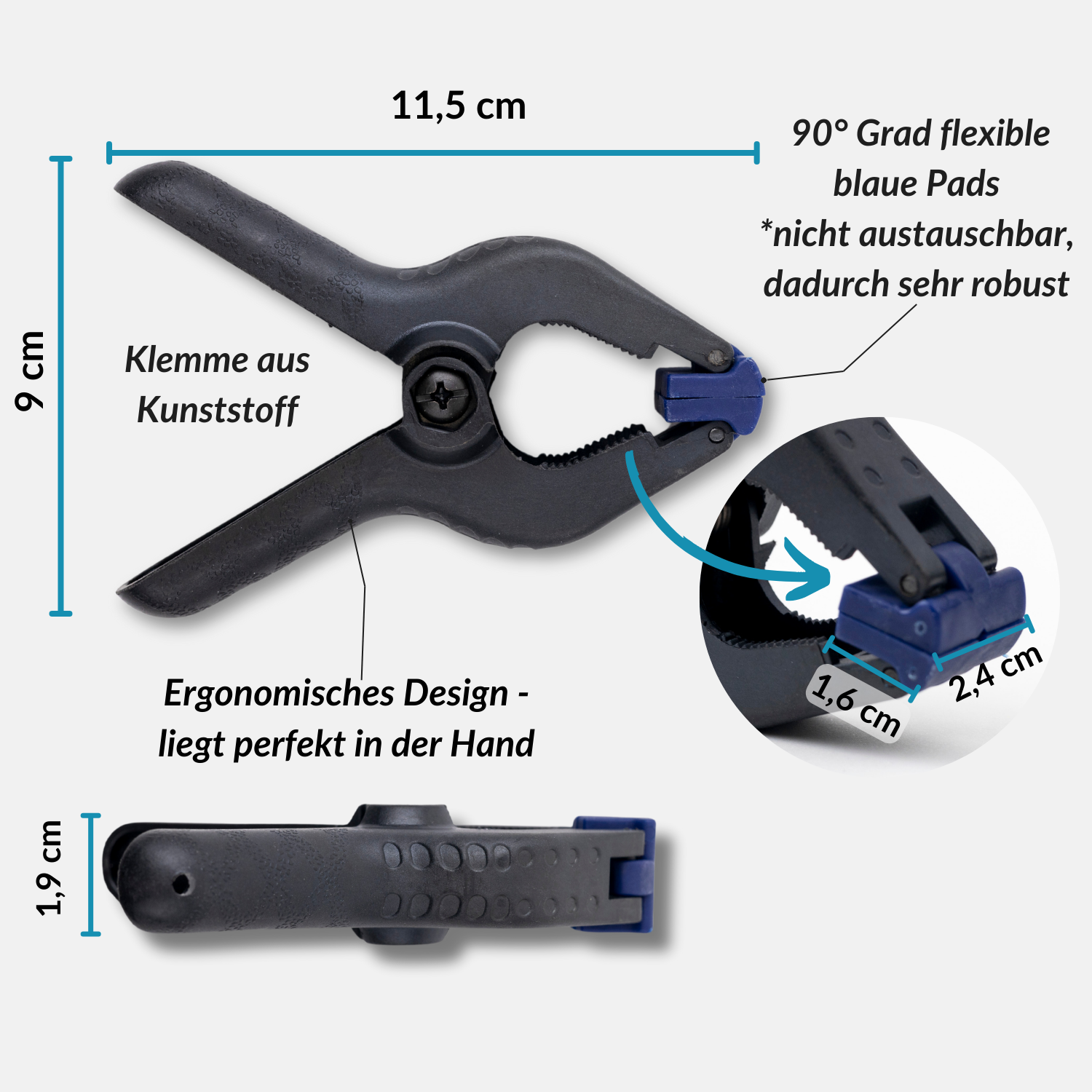 Eine schwarze Kunststoffklemme mit Maßen und Beschriftungen. Sie zeigt ergonomisches Design und flexible blaue Pads.