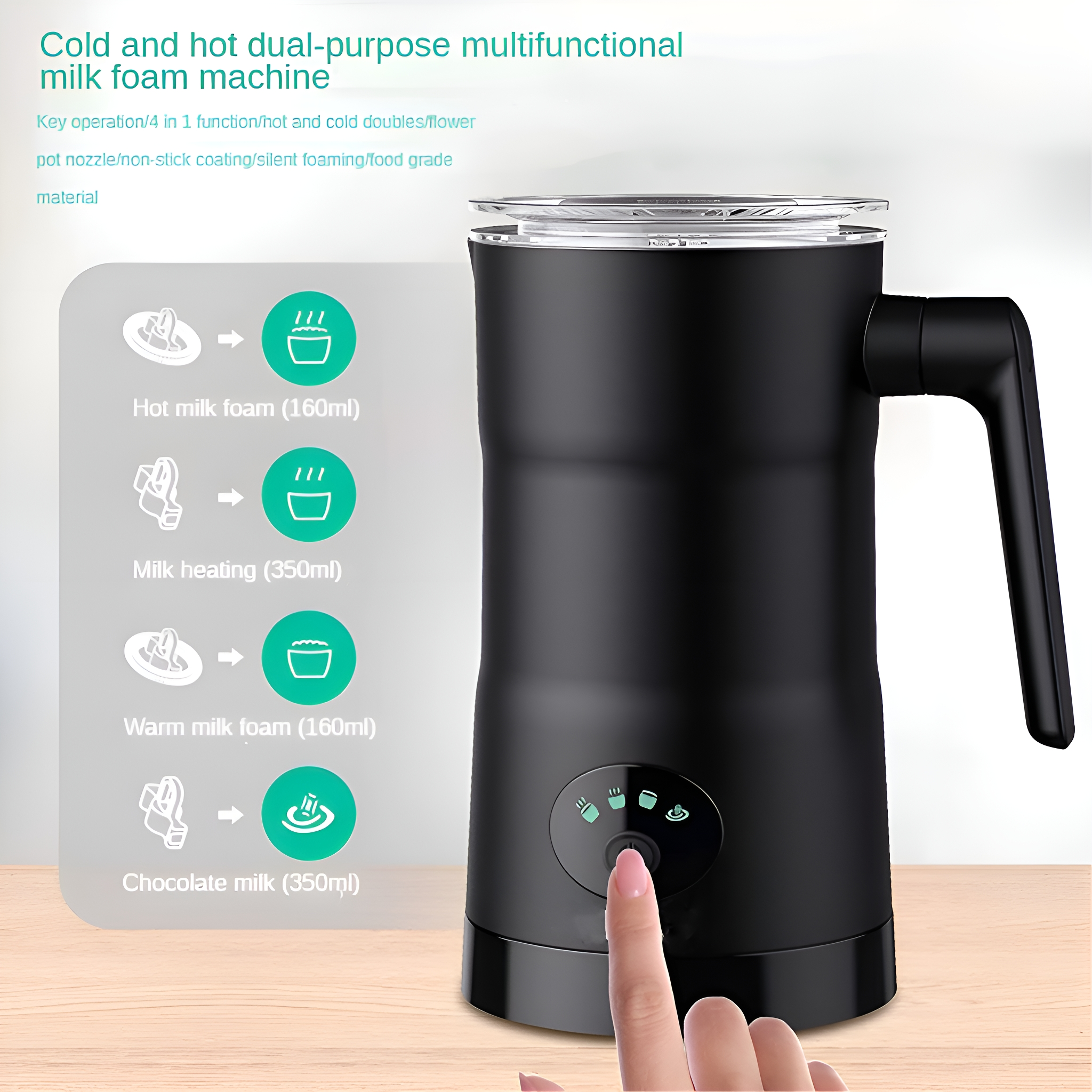 Schwarzer Milchaufschäumer mit Touch-Steuerung, zeigt Optionen für heiße und kalte Milch und Schokoladenmilch.