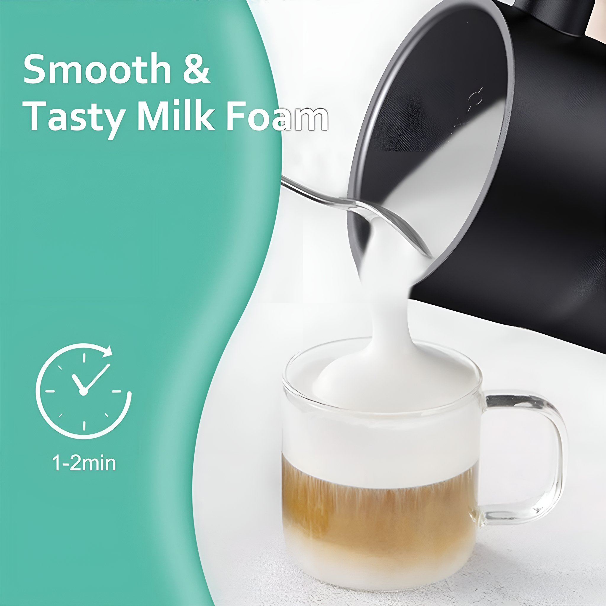 Milchschaum wird in ein Glas gegossen. Text: 'Glatter & leckerer Milchschaum' und '1-2min'.