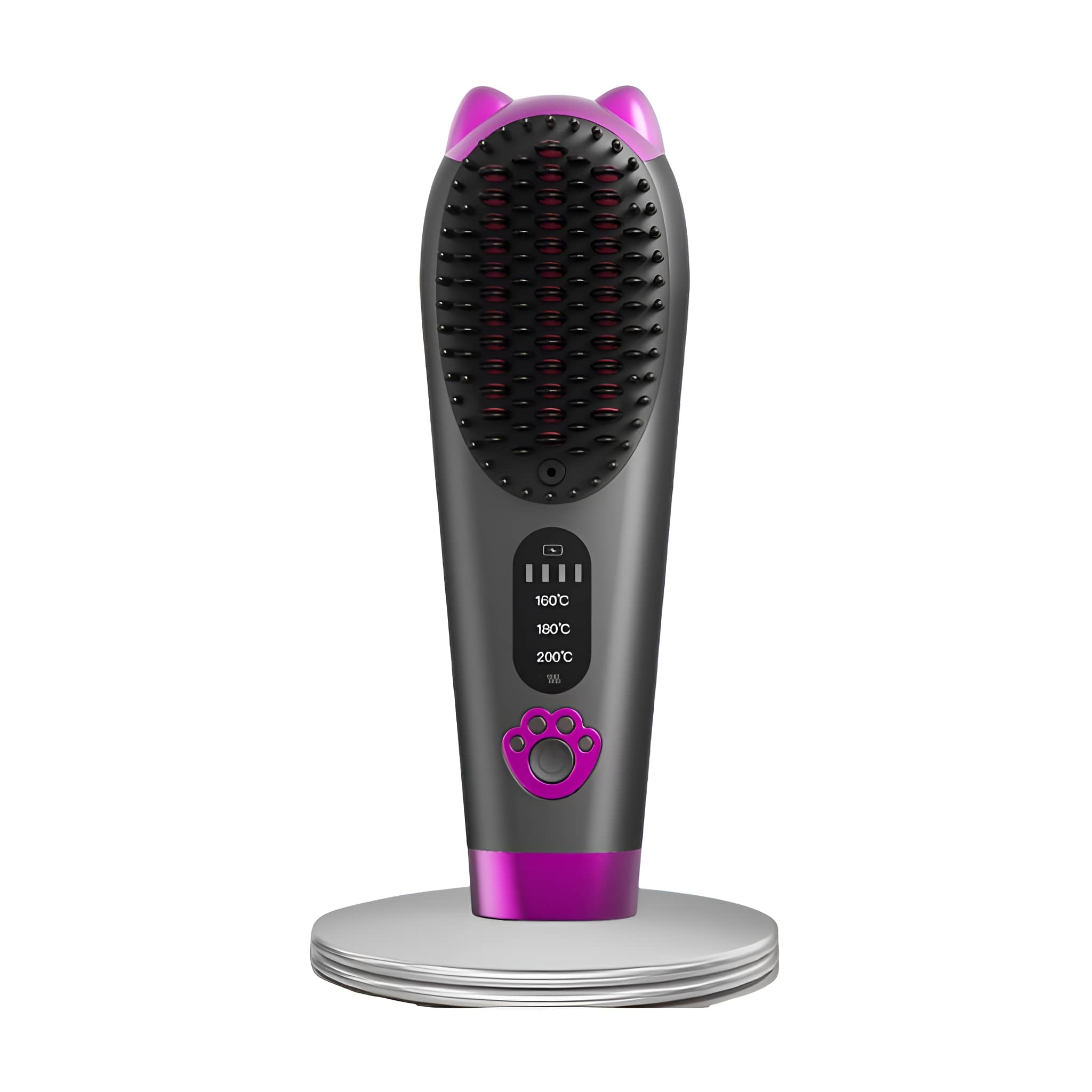 Haarbürste mit Katzenohrendesign. Rosa- und Grautöne auf einem Ständer.