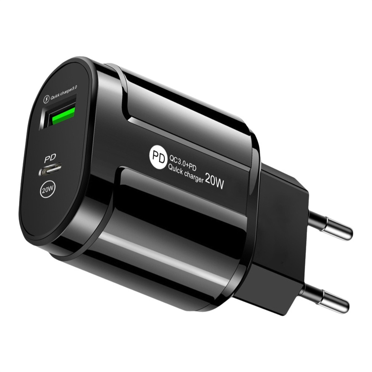 Ein schwarzes 20W USB-Ladegerät mit grünem Ladeanschluss und zwei Metallstiften.