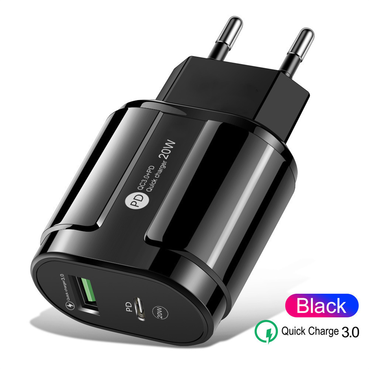 Ein schwarzer Ladeadapter mit einem grünen Ladeanschluss und einem schwarzen Stecker.