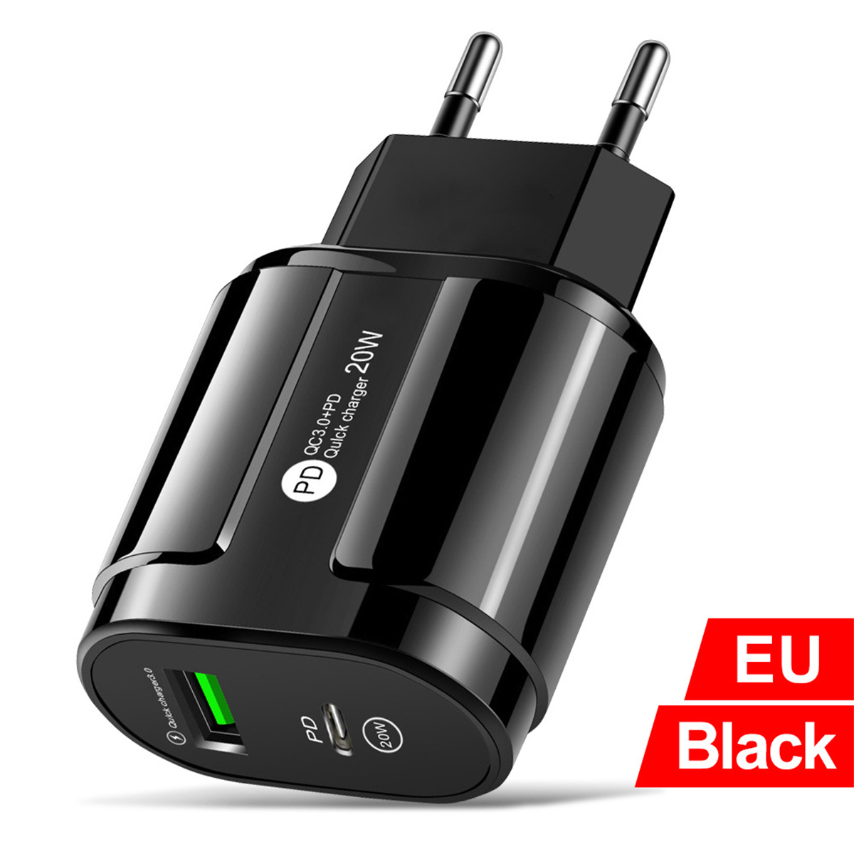 Schwarzes 20W USB-Ladegerät mit EU-Stecker. Es hat einen grünen Ladeanschluss.