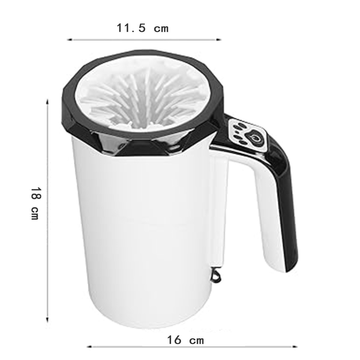 Ein weißes und schwarzes Becherreinigungsgerät mit Abmessungen. Der Becher ist 18 cm hoch und 16 cm breit.
