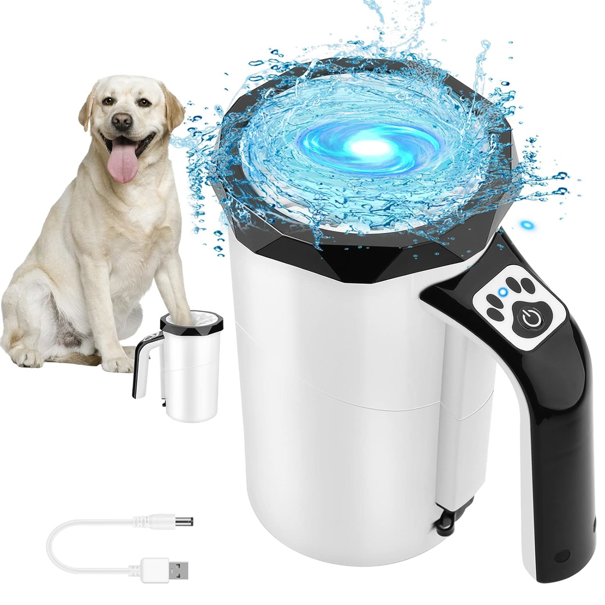 Ein Hund beobachtet einen Wassersprudler für Haustiere, das Wasser spritzt, daneben eine kleine Tasse.