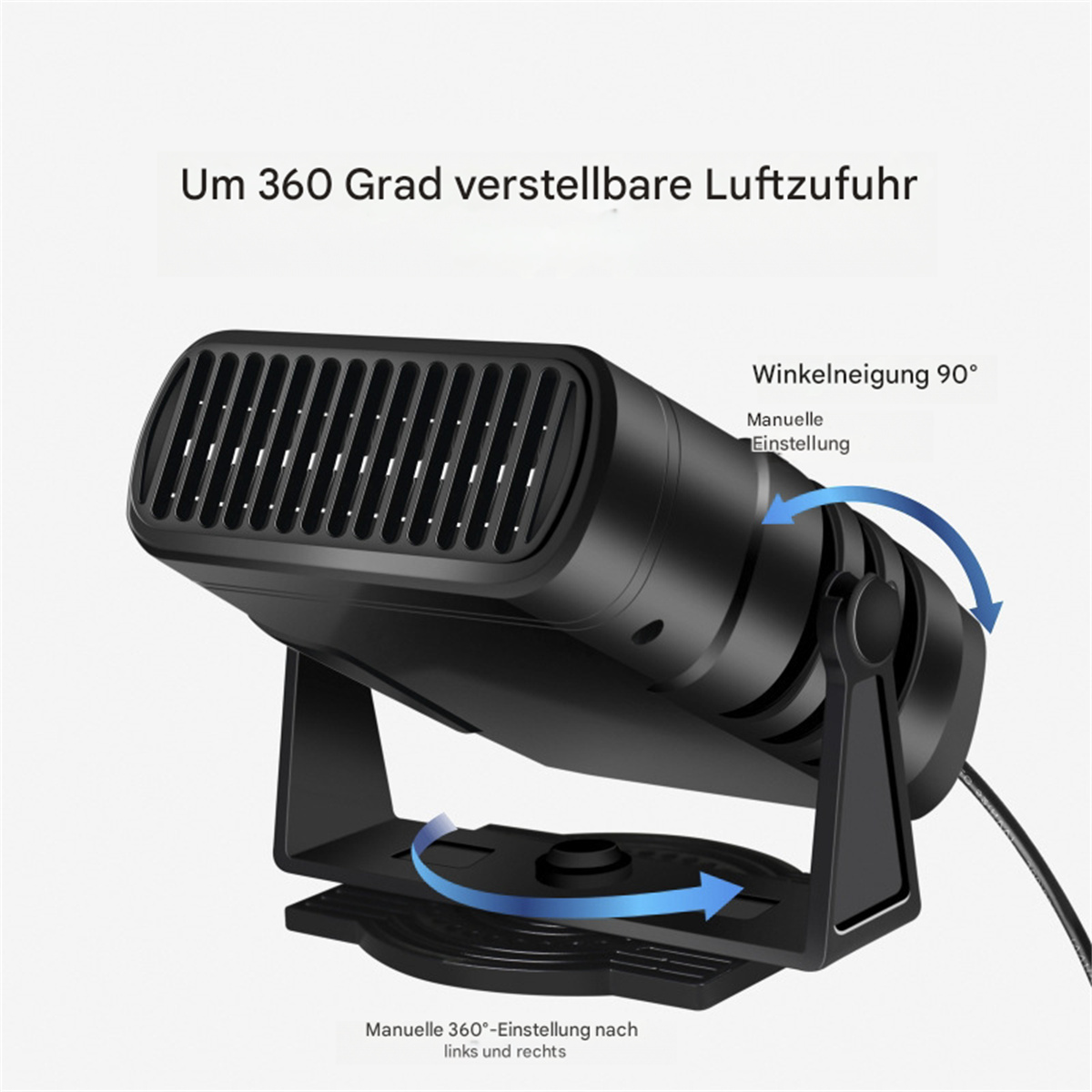 Eine schwarze Autoheizung mit einstellbarem Luftstrom. Der Text lautet: Um 360 Grad verstellbare Luftzufuhr.