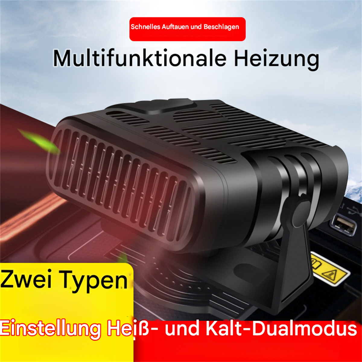 Schwarze Autoheizung mit rotem Text und einem gelben Aufkleber, mit Fokus auf die Heizung.