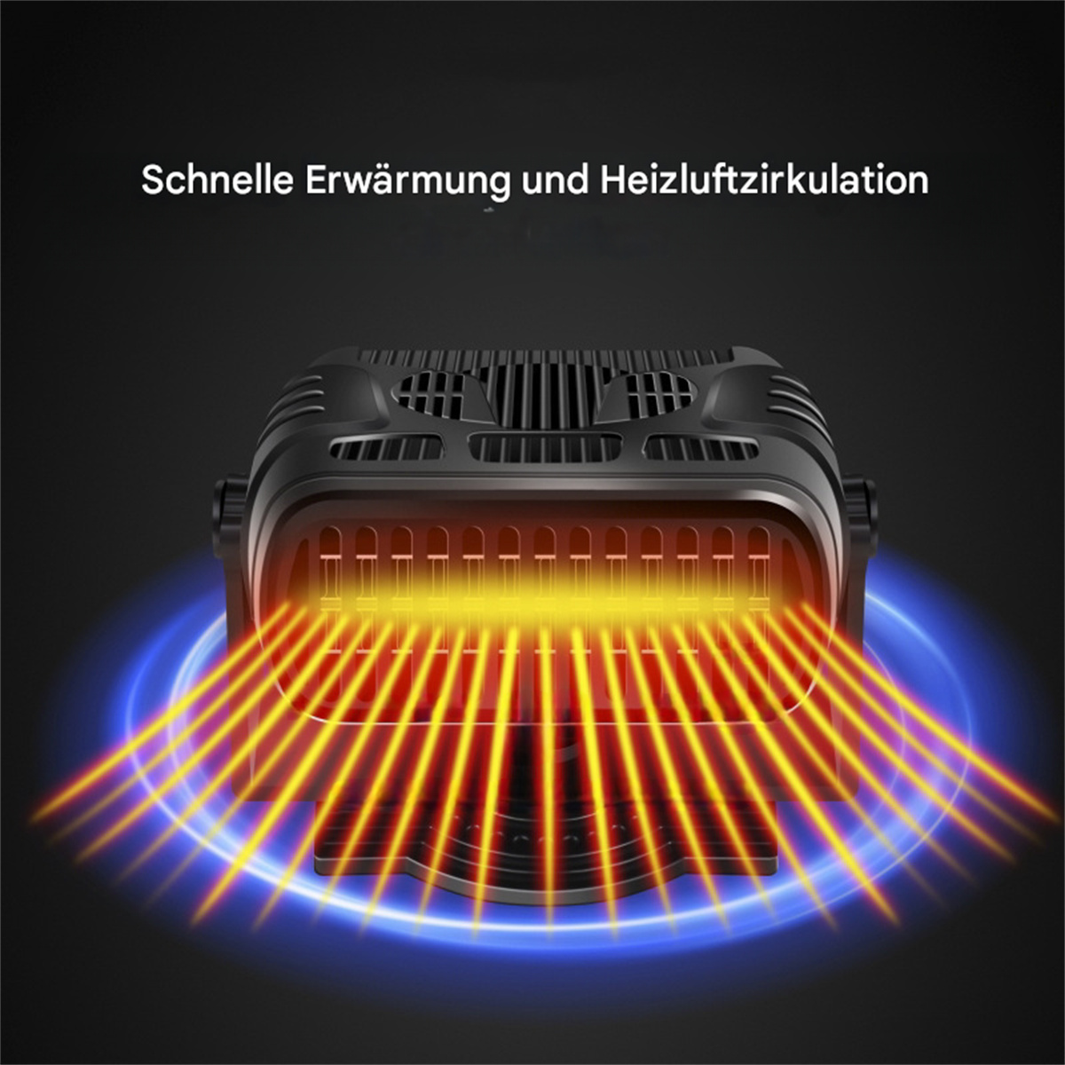 Eine schwarze Heizung mit rot glühenden Hitzewellen auf einer blau beleuchteten Oberfläche.