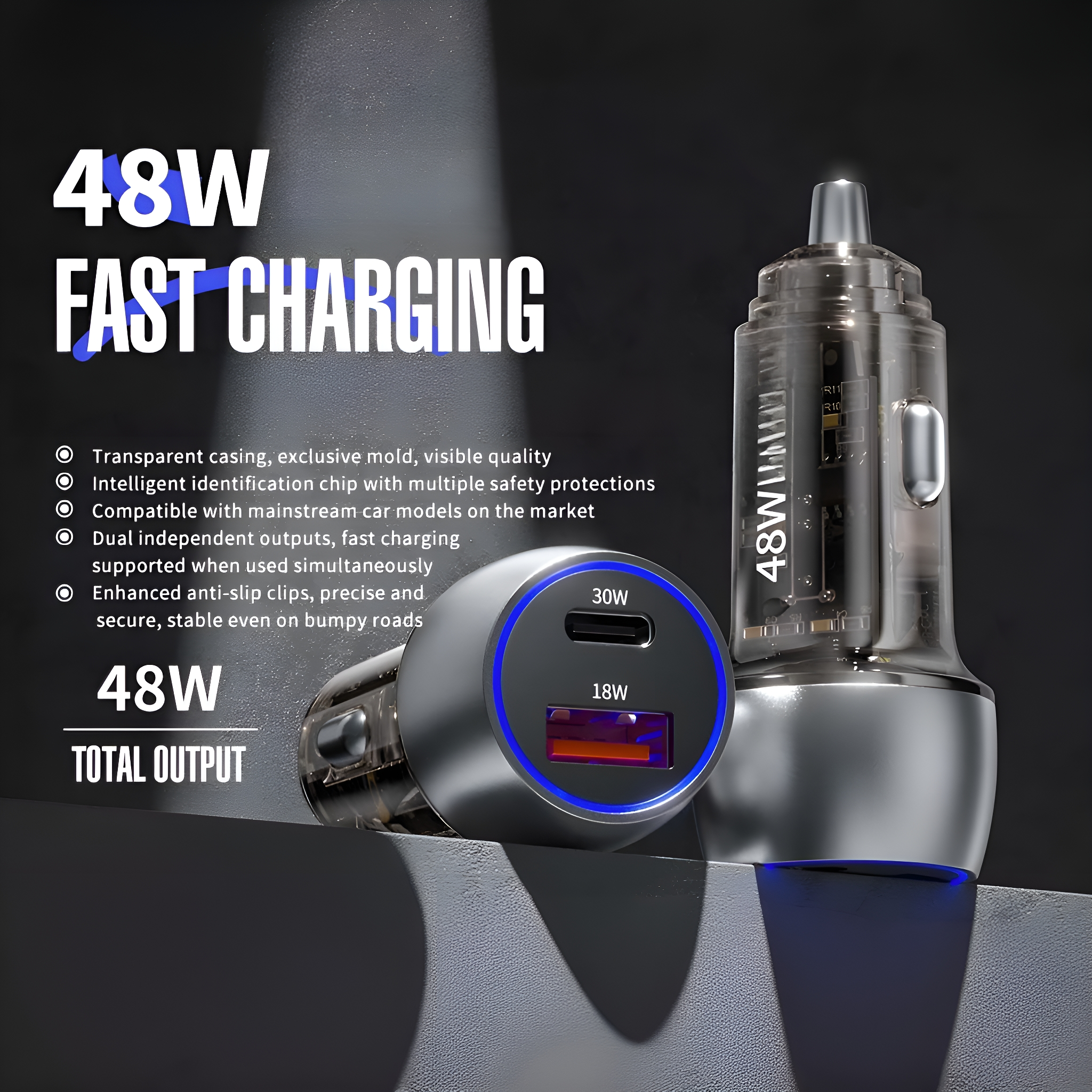 Silbernes Autoladegerät mit USB-Anschlüssen, Text: 48W Fast Charging. Merkmale im Bild.