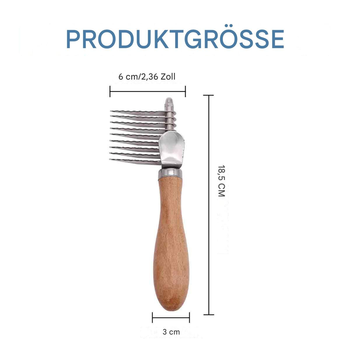 Pflegekamm mit Holzgriff, Abmessungen sind angegeben.