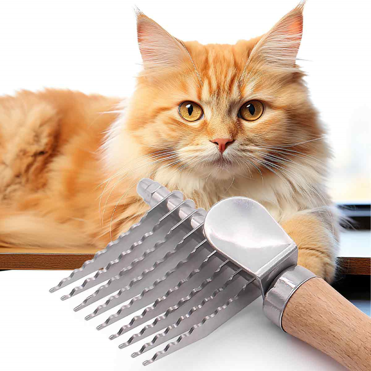 Orange Katze mit einem Pflegegerät. Die Bürste ist silberfarben und hat einen Holzgriff. Katze im Hintergrund.