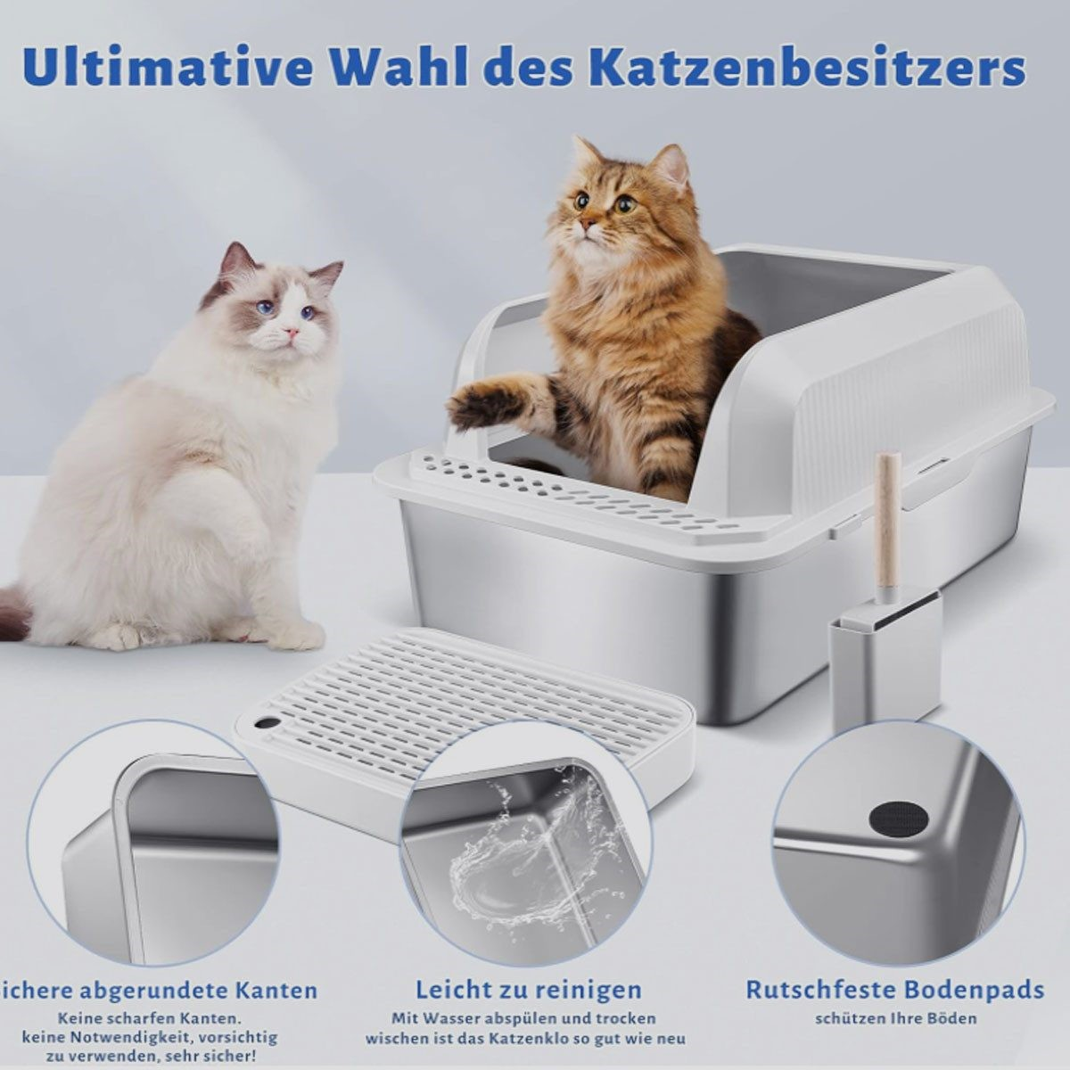 Zwei Katzen in der Nähe einer Katzentoilette mit Zubehör. Text auf Deutsch.