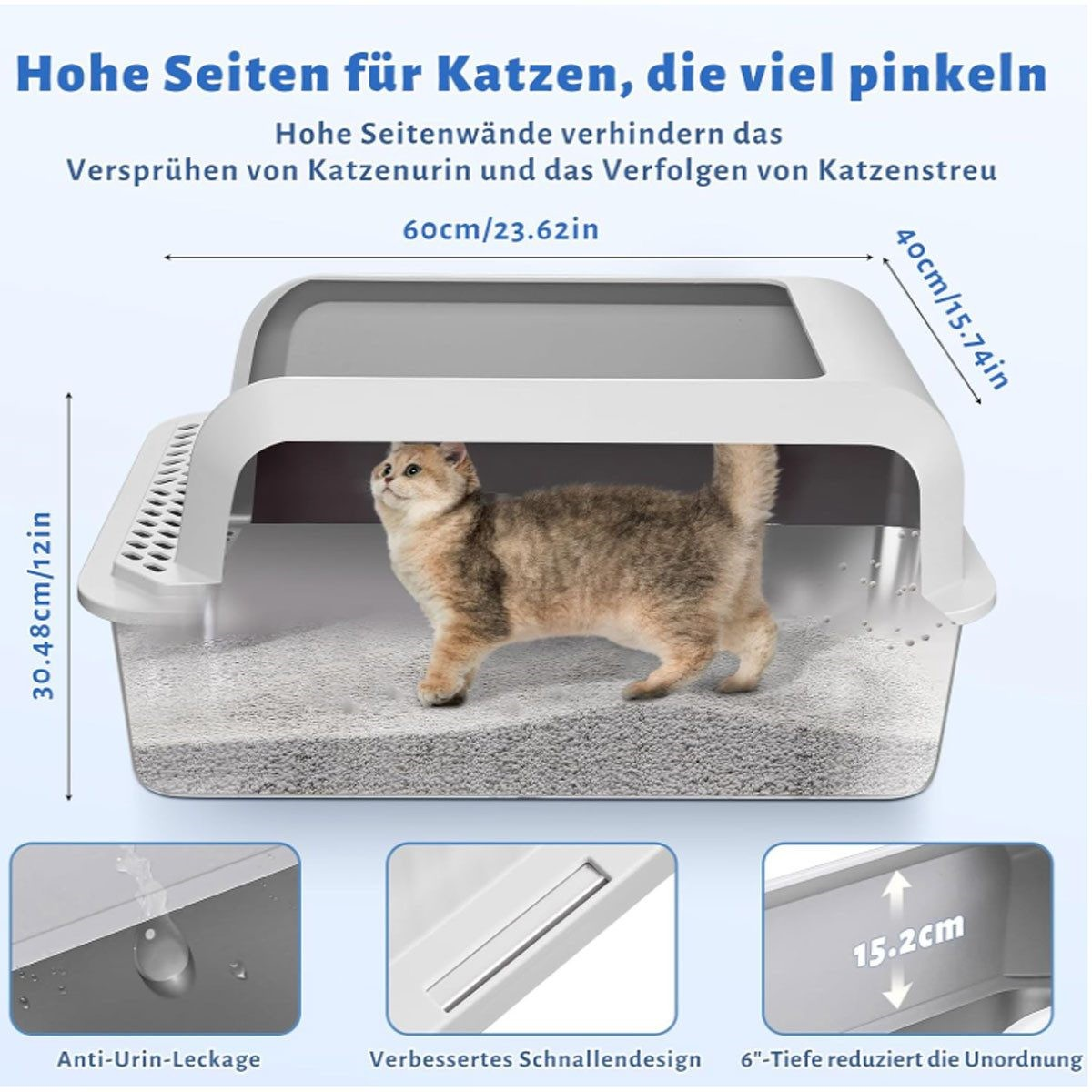 Eine Katze in einer Katzentoilette mit hohen Seiten. Text: Hohe Seiten für Katzen, die viel pinkeln.