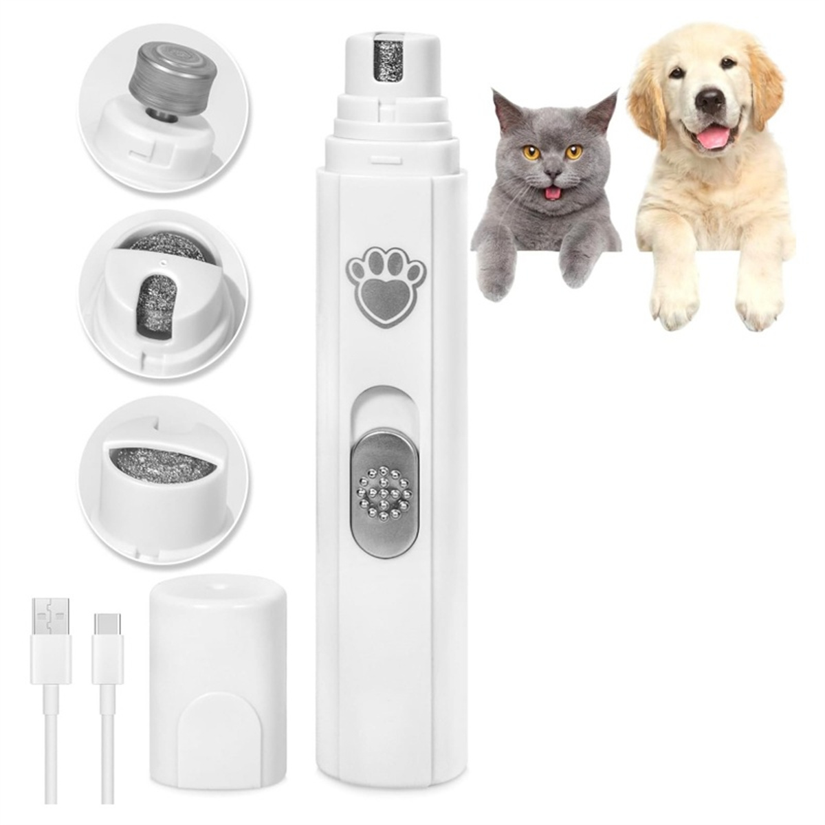 Weißer Haustier-Nagelschleifer mit Bildern von Katze, Hund und Schleiferdetails. Zwei USB-Kabel sind enthalten.