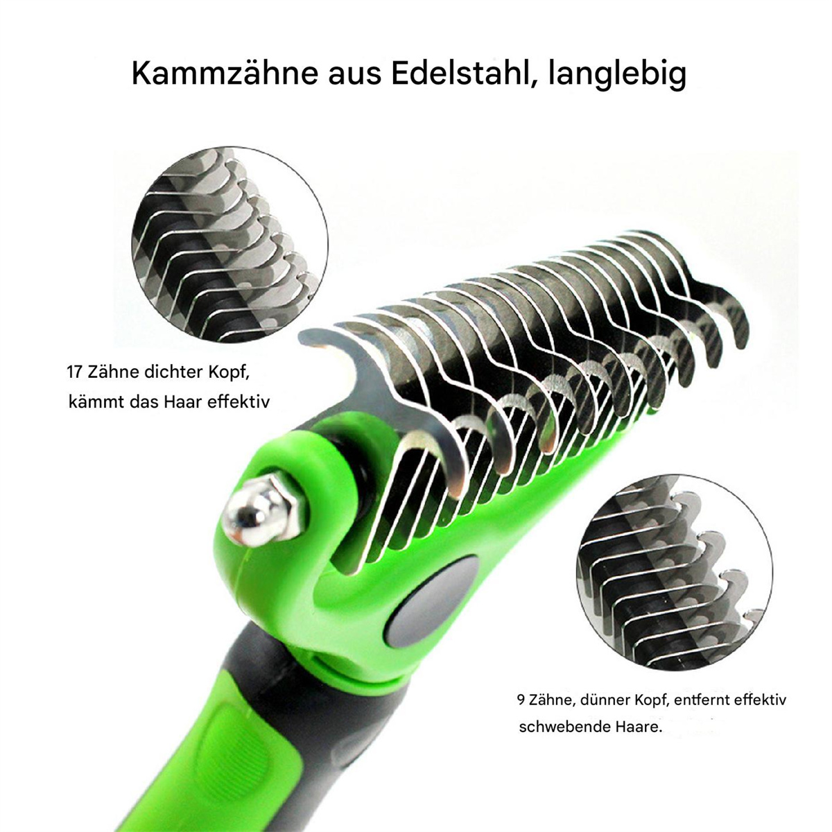 Nahaufnahme eines grünen und schwarzen Tierpflege-Werkzeugs mit Klingendetails.