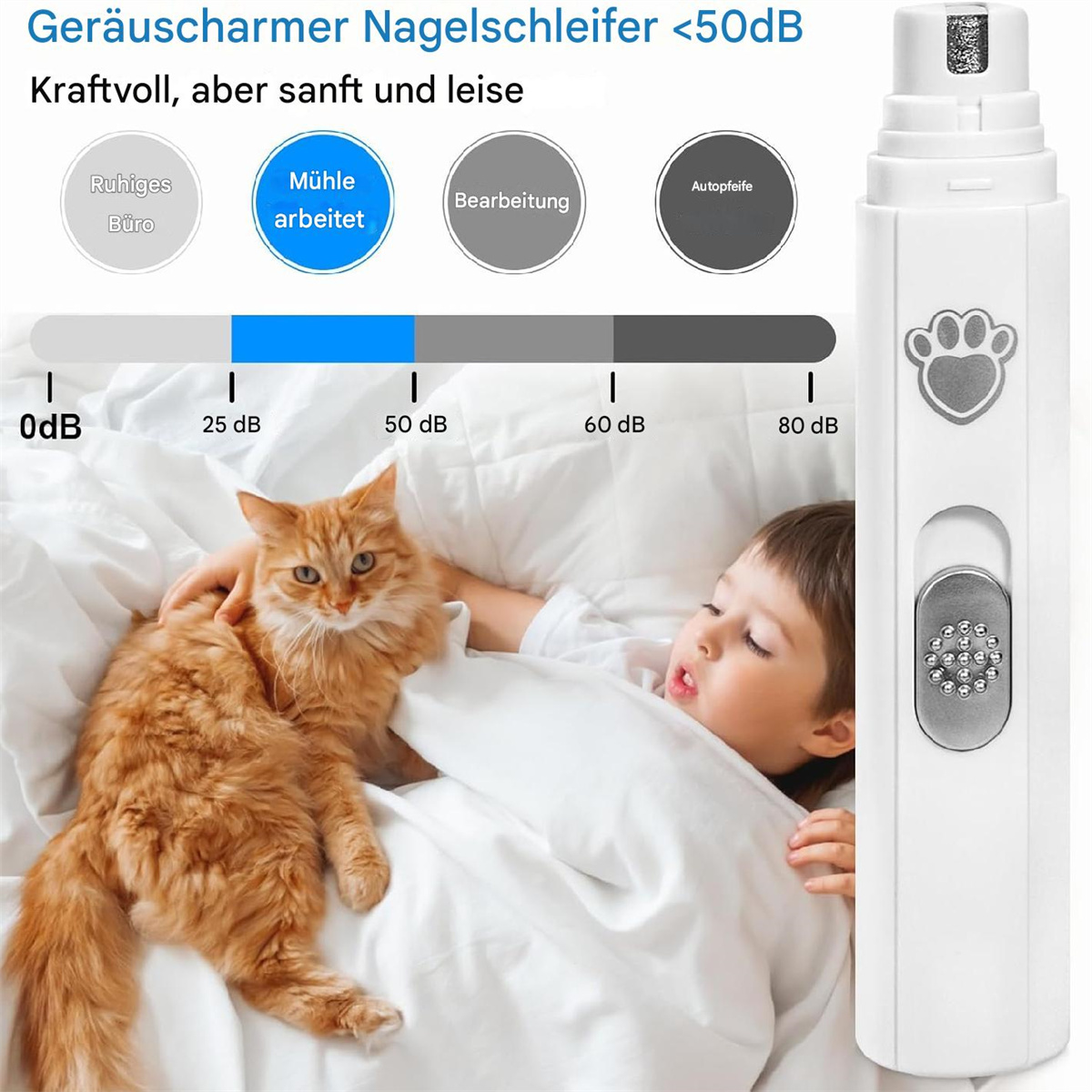 Kind und Katze im Bett, mit Nagelschleifer. Text: Geräuscharmer Nagelschleifer.