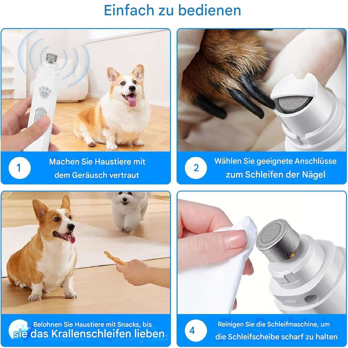 Vierteiliges Bild, das das Trimmen von Hundenägeln zeigt. Enthält einen Nagelknipser, einen Hund und Anweisungen.