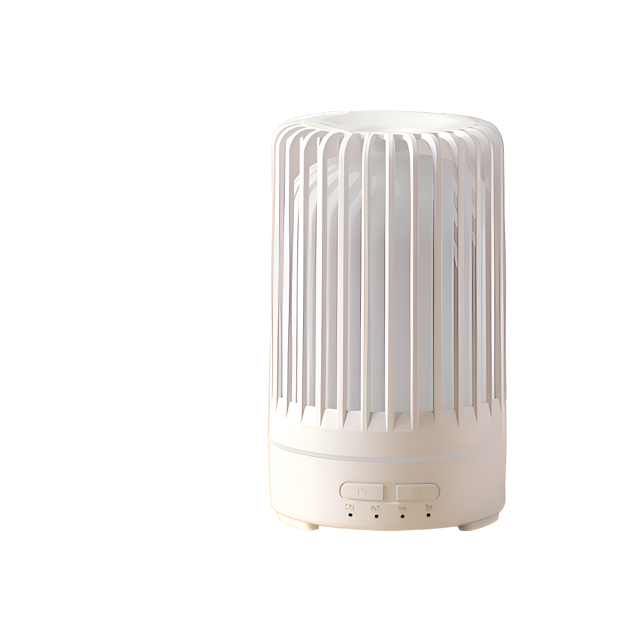 Weißer Diffusor, zylindrische Form, mit Metallgitter. Das Gerät hat Knöpfe und steht auf weißem Grund.