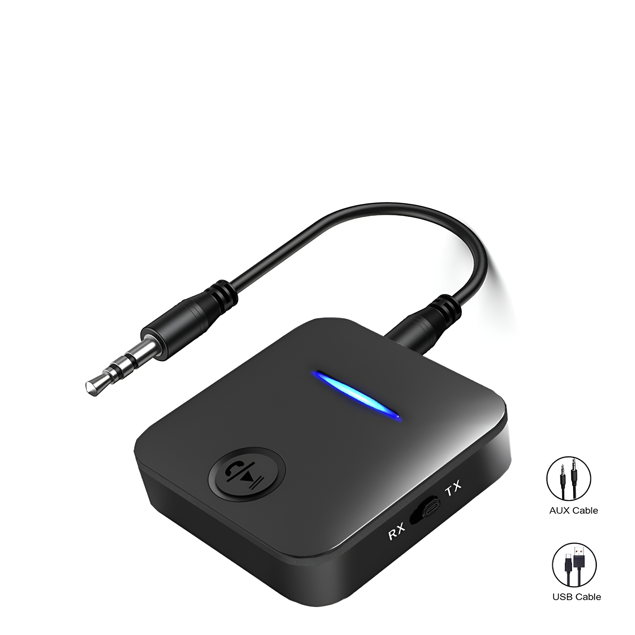 Schwarzer Audio-Empfänger mit Kabel und blauem Licht.