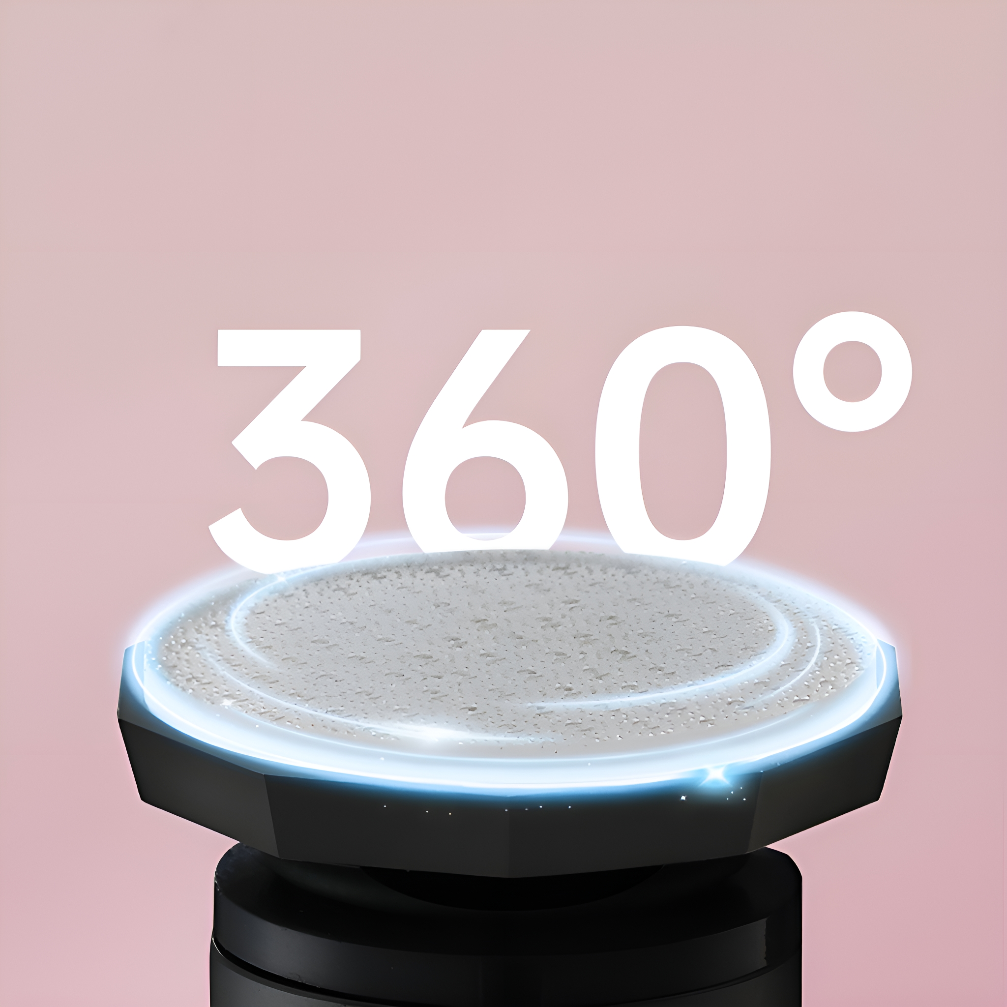 Eine schwarz-weiße Plattform mit dem Text '360°' auf rosa Hintergrund.