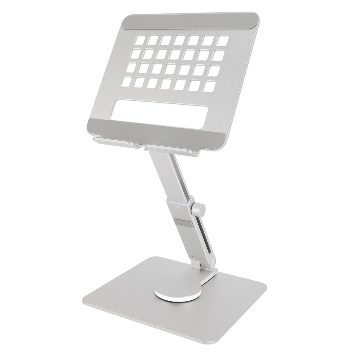 Silberner Laptopständer, verstellbar mit quadratischer Basis. Weißer Hintergrund, freigestellte Produktaufnahme.