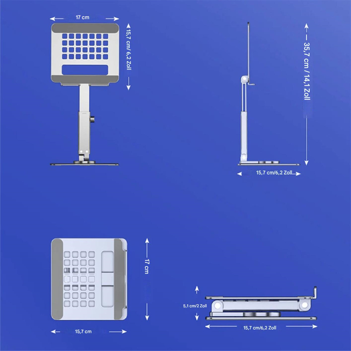 Diagramme, die die Abmessungen eines Laptop-Ständers mit Messungen in cm und Zoll zeigen.