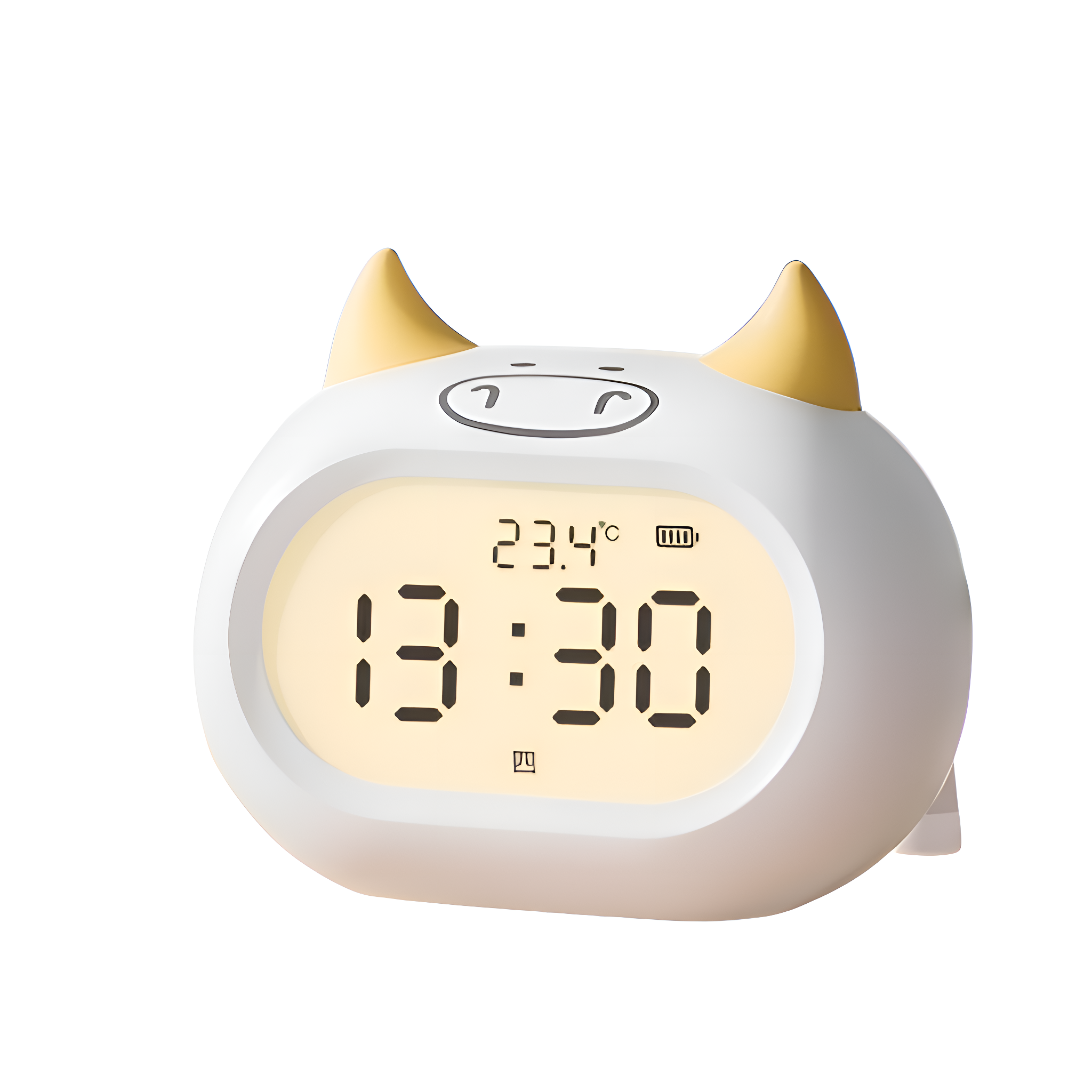 Wecker in Katzenform mit Digitalanzeige '13:30' und '23,4°C'. Gelbe Ohren.