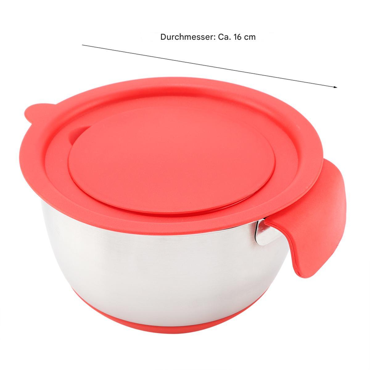 Eine Edelstahlschüssel mit rotem Deckel, Griff und einem Messetikett.