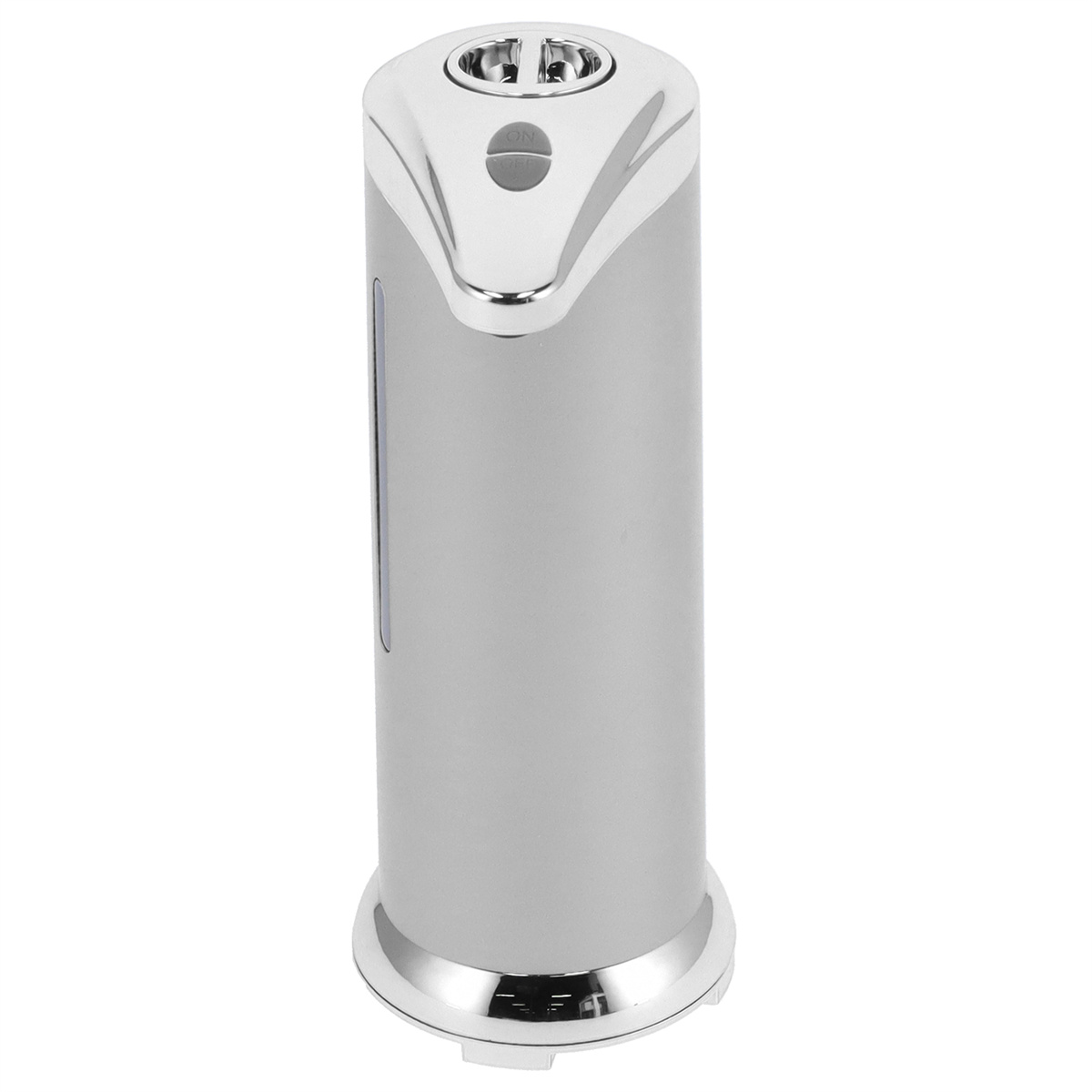 Silberner automatischer Seifenspender mit abgerundetem Design.