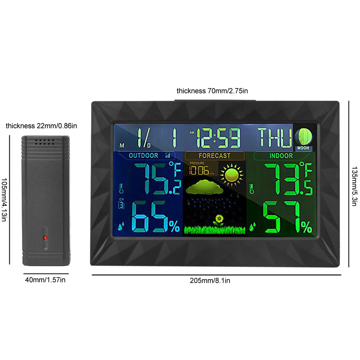 Eine schwarze Wetterstation mit Anzeige von Temperatur, Vorhersage und Uhrzeit. Ein separater Sensor daneben.