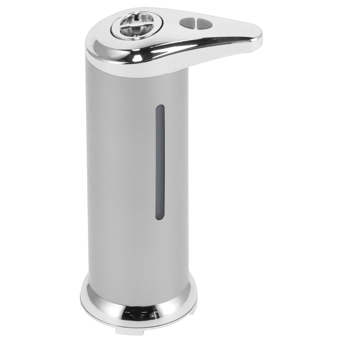 Silberner Seifenspender auf weißem Hintergrund, glänzendes Metallic-Finish.