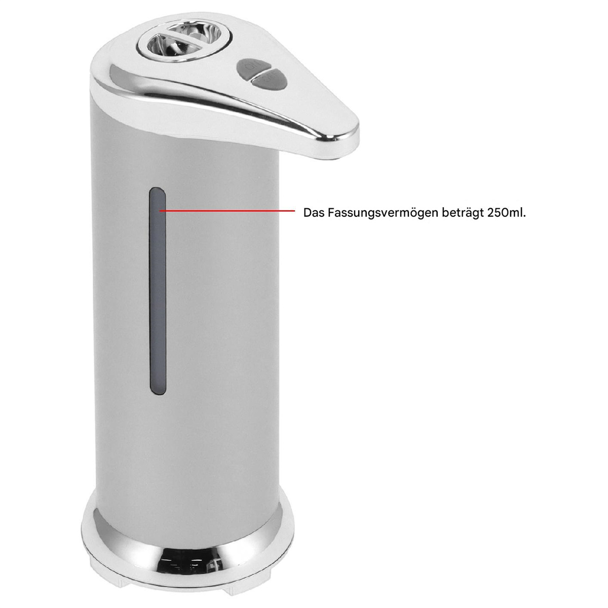Silberner Seifenspender mit Text: Fassungsvermögen beträgt 250ml.