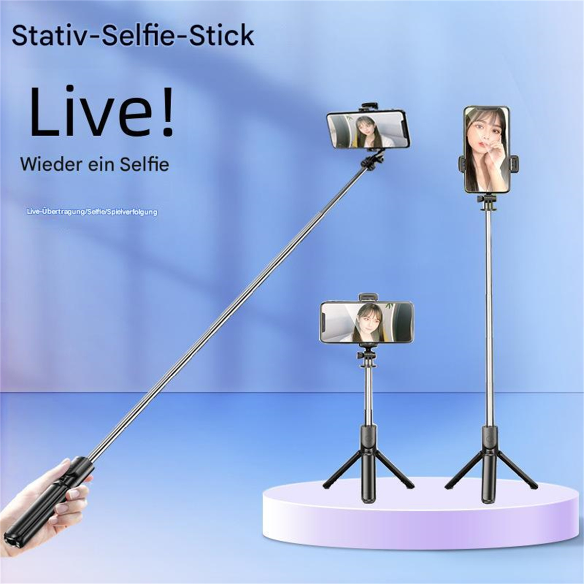 Selfie-Sticks mit angeschlossenen Telefonen. Text auf Deutsch. Isoliert auf blauem Hintergrund.