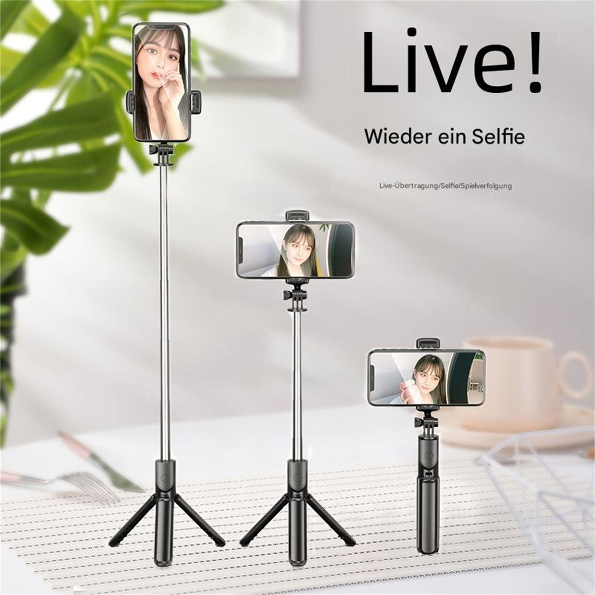 Drei Selfie-Sticks mit Handys. Frau auf den Telefonbildschirmen. Weißer Hintergrund mit Text.