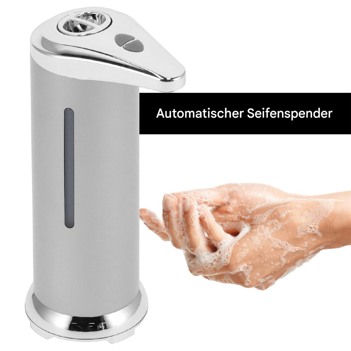 Automatischer Seifenspender. Der Spender ist silberfarben und hat oben eine Öffnung. Hände einer Person sind gezeigt.