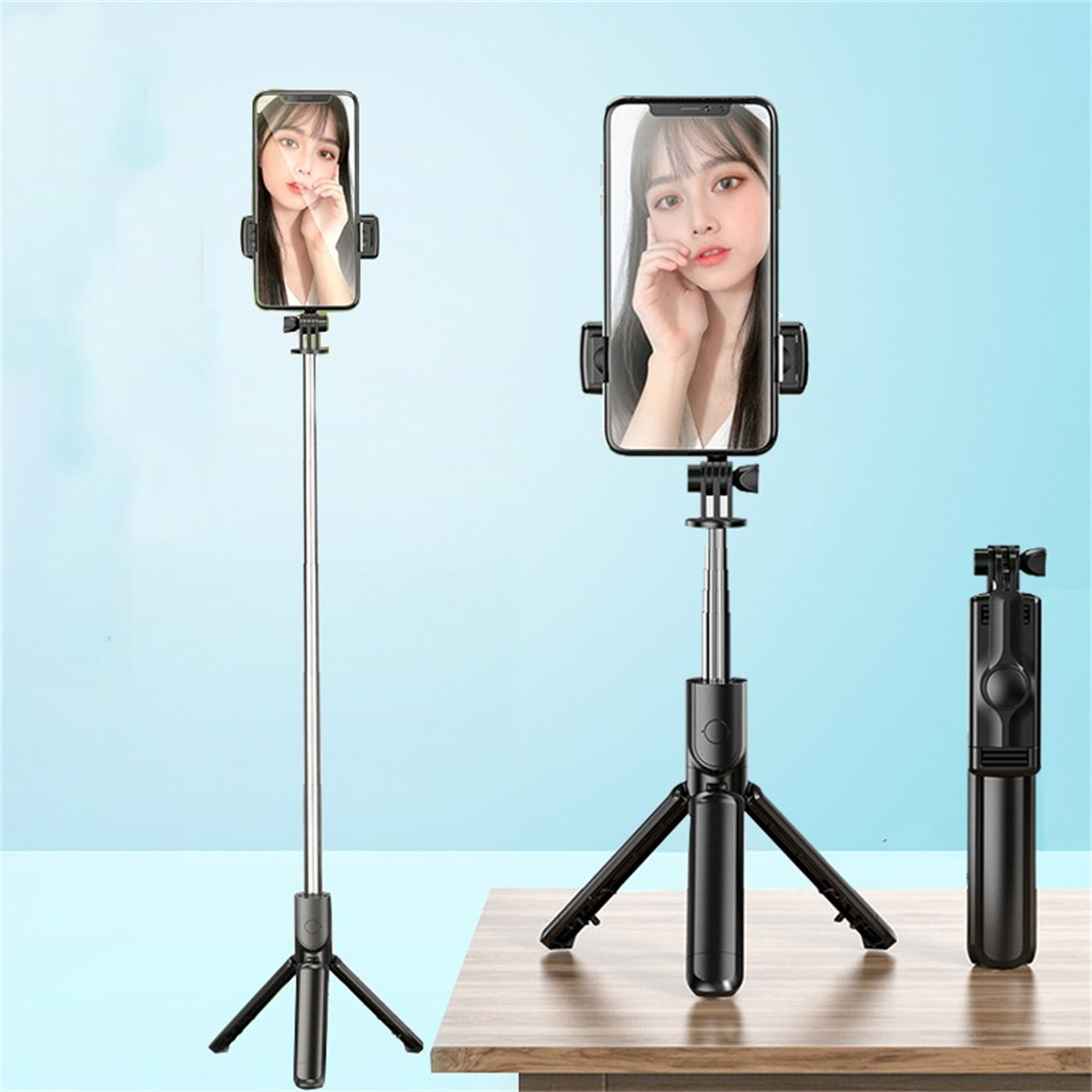 Drei Selfie-Sticks: einer ausgezogen, einer auf einem Stativ und ein kleiner.