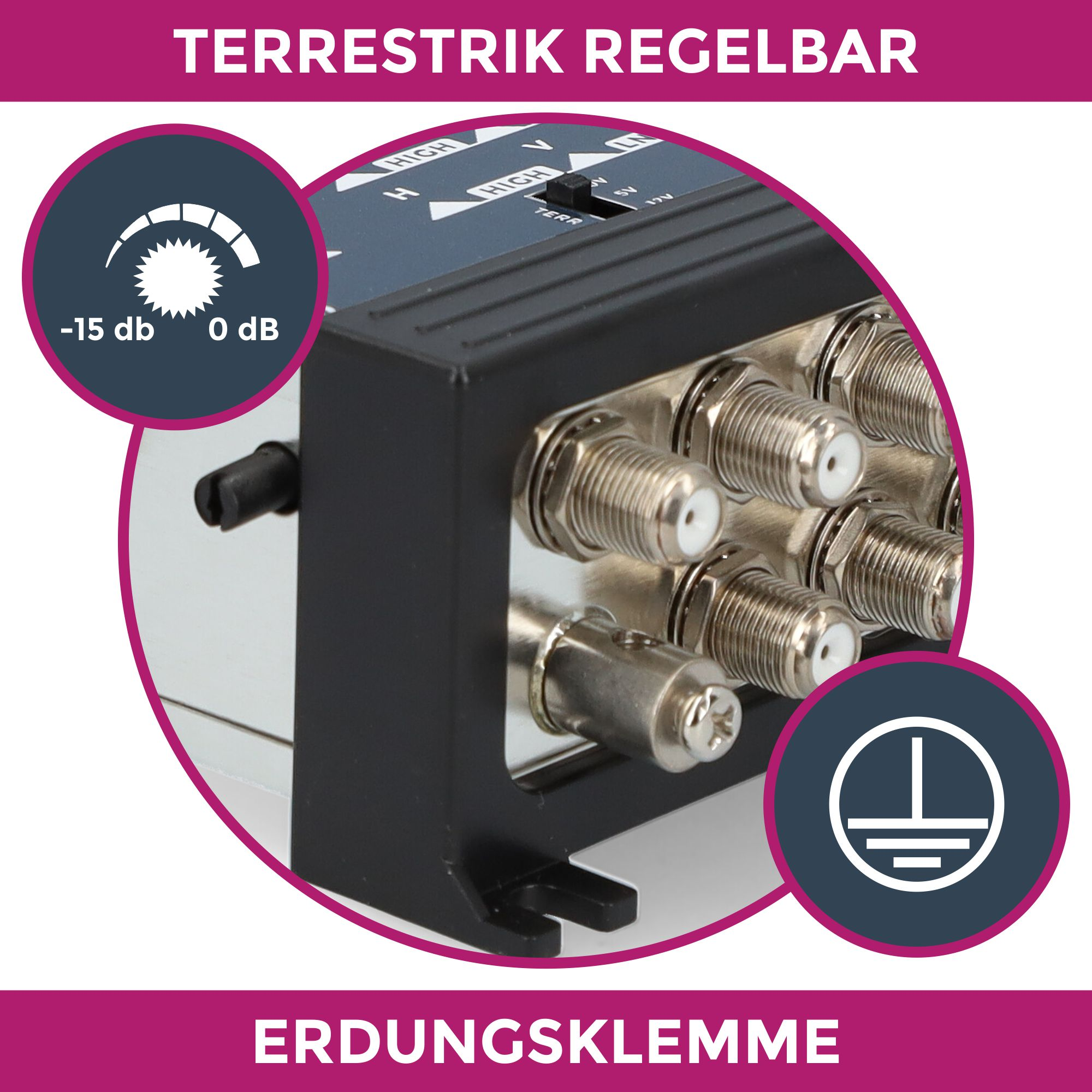 Nahaufnahme eines schwarzen Geräts mit Anschlüssen und Beschriftungen. Das Gerät ist silberfarben.