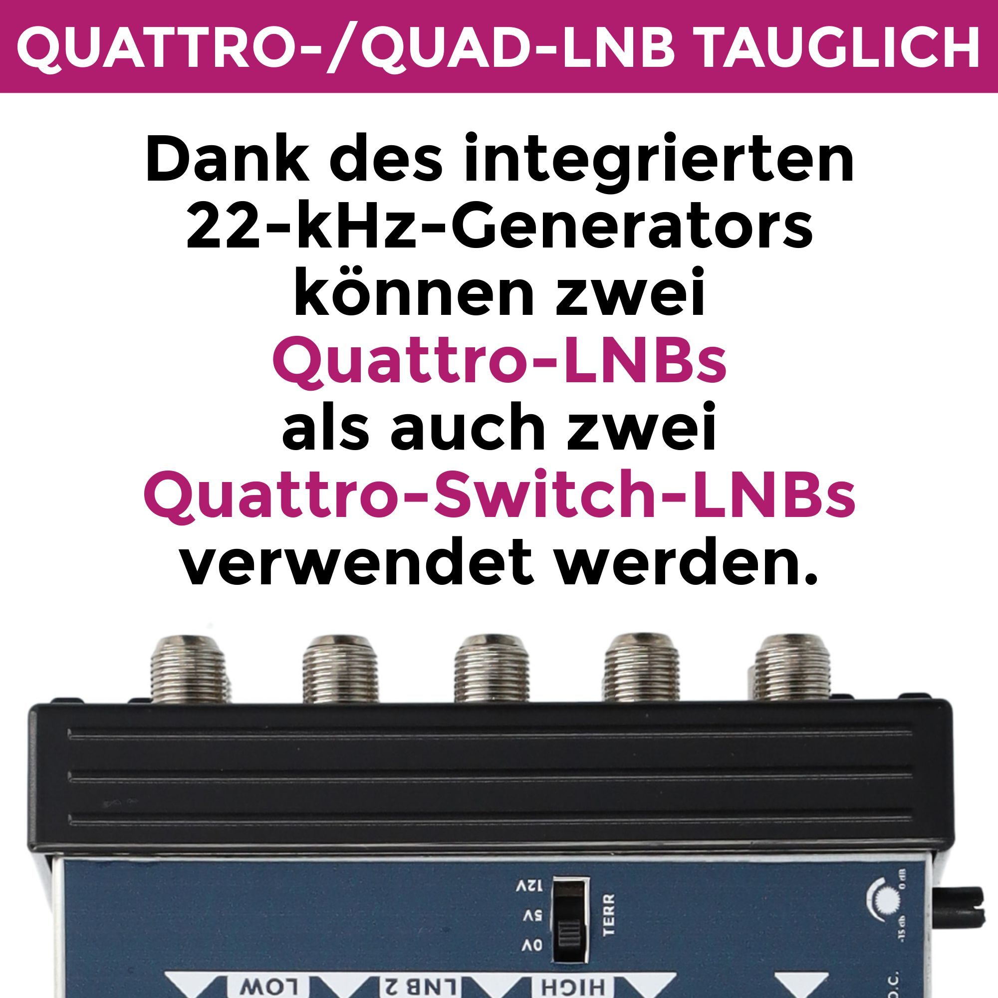 Text über Quattro-LNBs und Quattro-Switch-LNBs, darunter ein Empfängergerät.