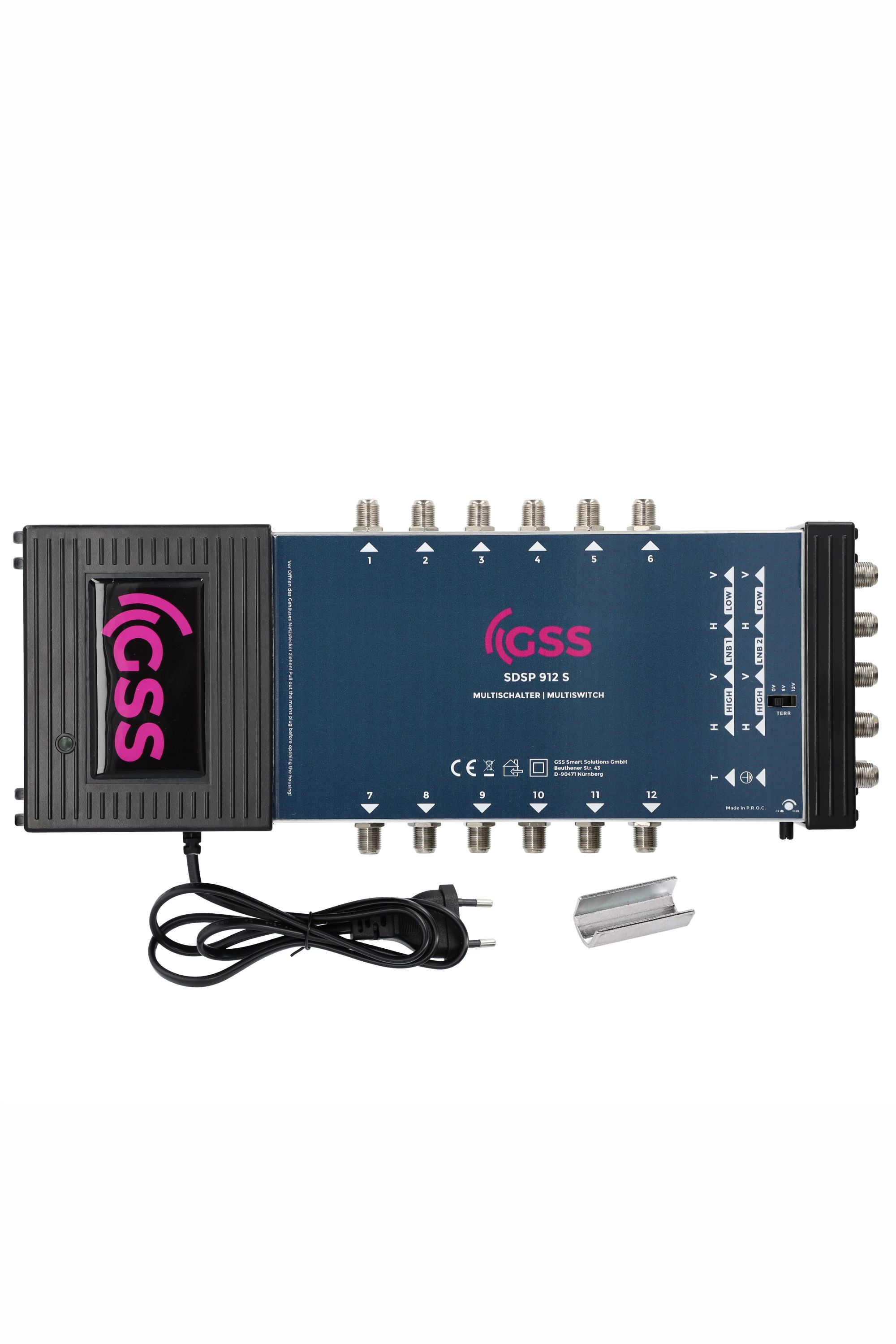Blau-schwarzer Multi-Switch mit mehreren Eingängen und Netzteil.