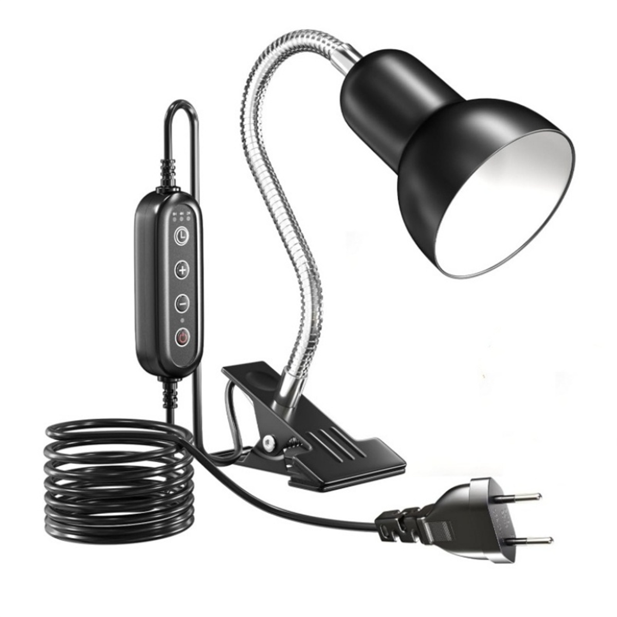Schwarze Schreibtischlampe mit flexiblem Hals, Klemme und Netzkabel.