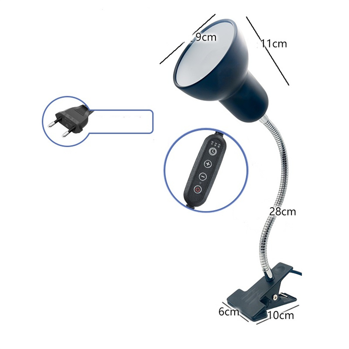 Eine kleine Schreibtischlampe mit blauem Kopf und flexiblem Hals. Inklusive Stromregler am Kabel.